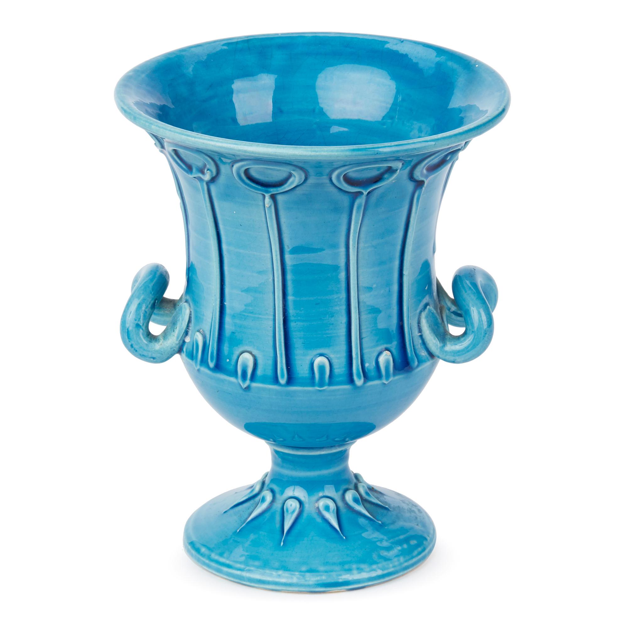 Italian Bitossi Twin Handled Pottery Campana Turquoise Glazed Vase, circa 1950 3