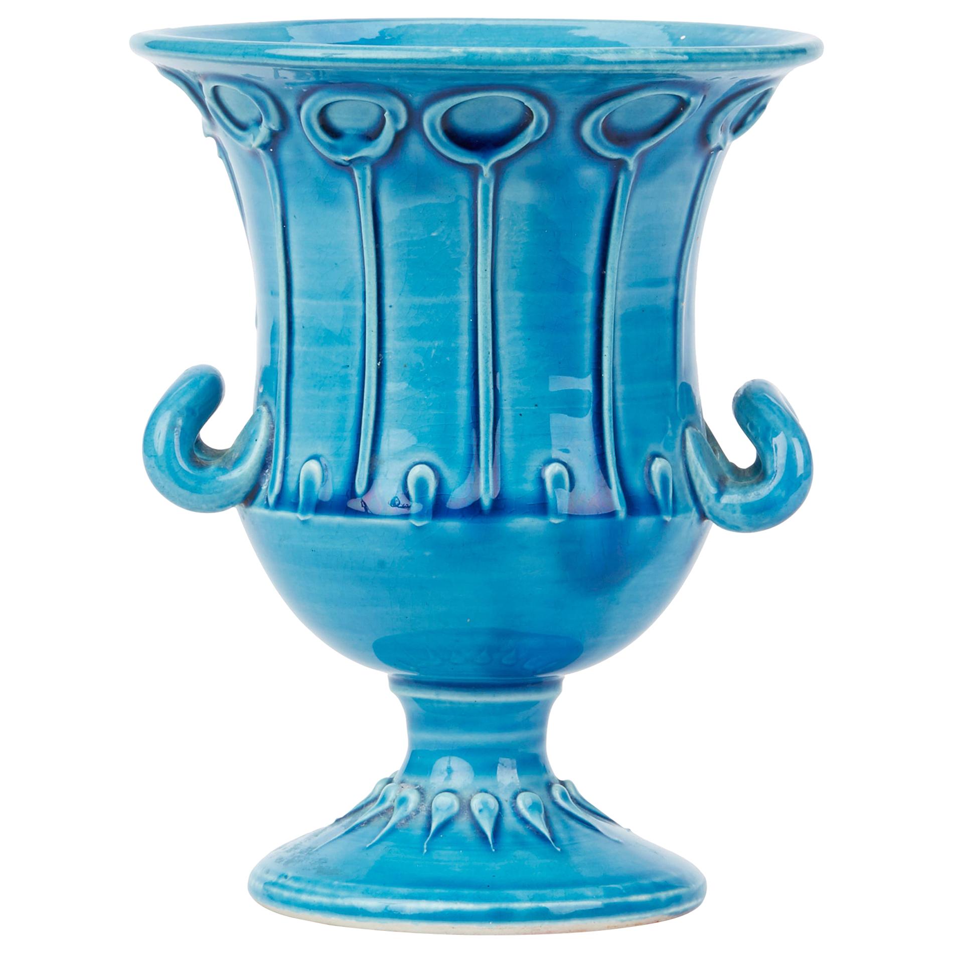 Italian Bitossi Twin Handled Pottery Campana Turquoise Glazed Vase, circa 1950