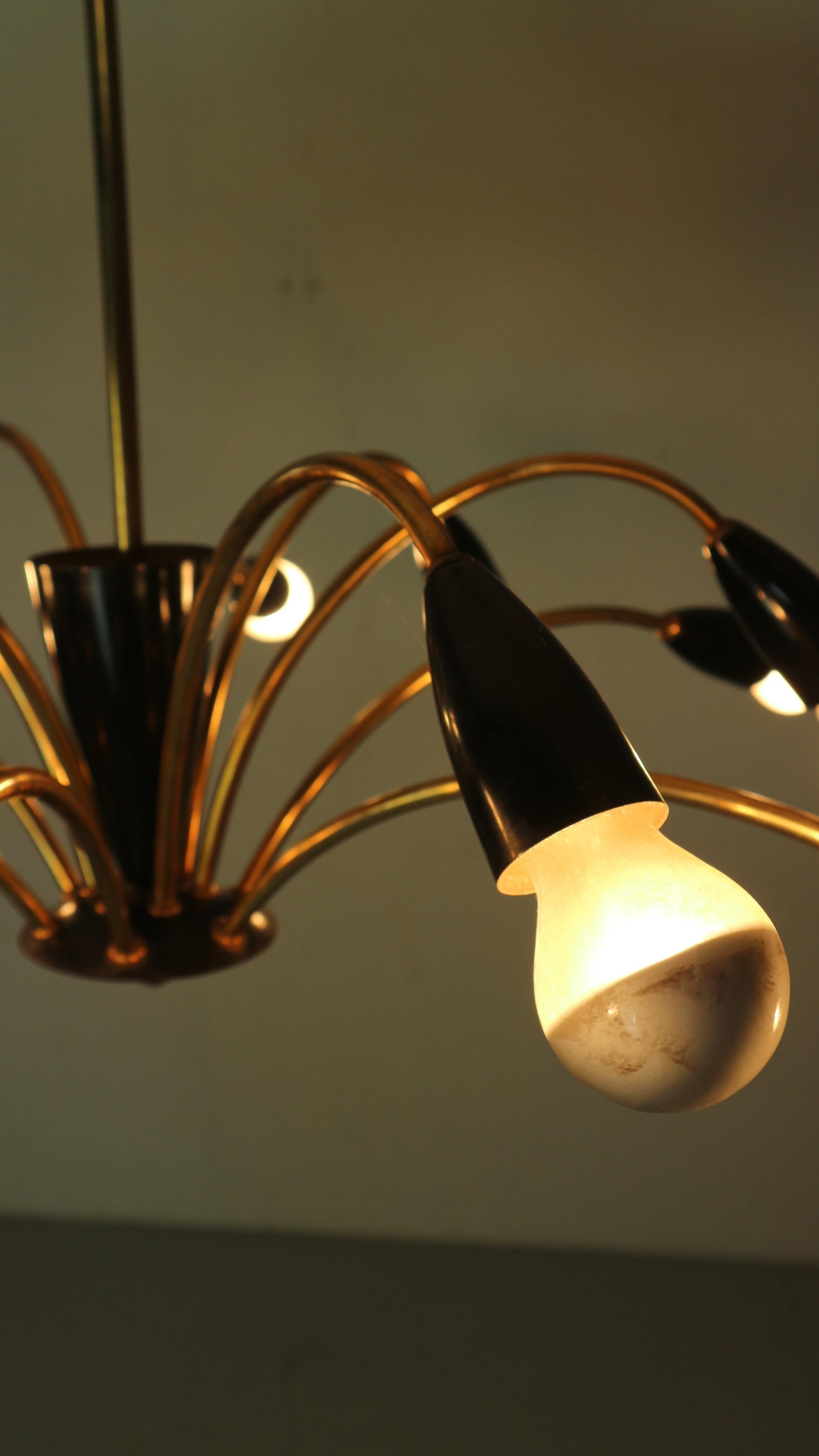 Italian Black and brass 12 arm Spider Chandelier  1950s For Sale 4