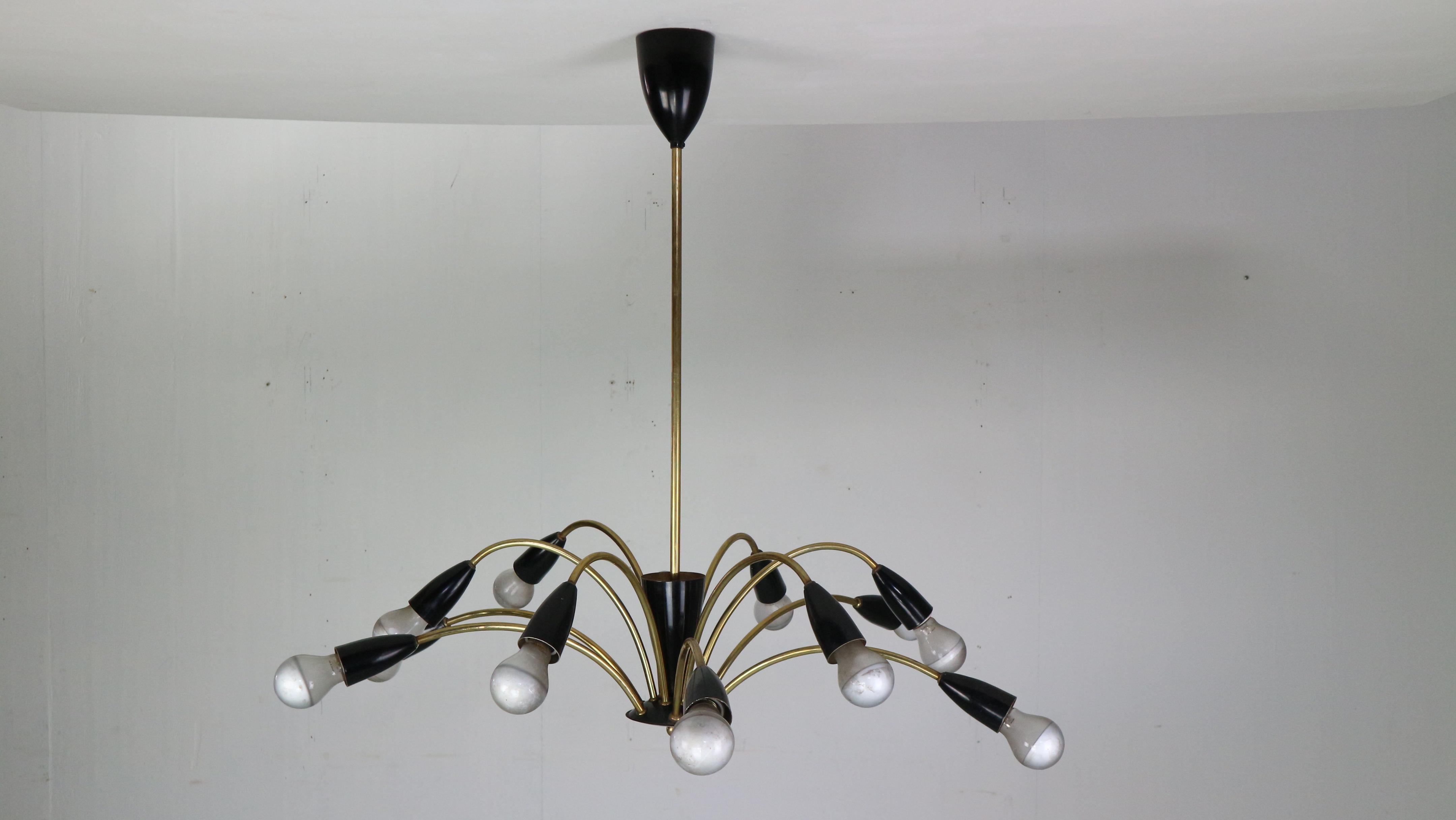 Italian Black and brass 12 arm Spider Chandelier  1950s For Sale 5