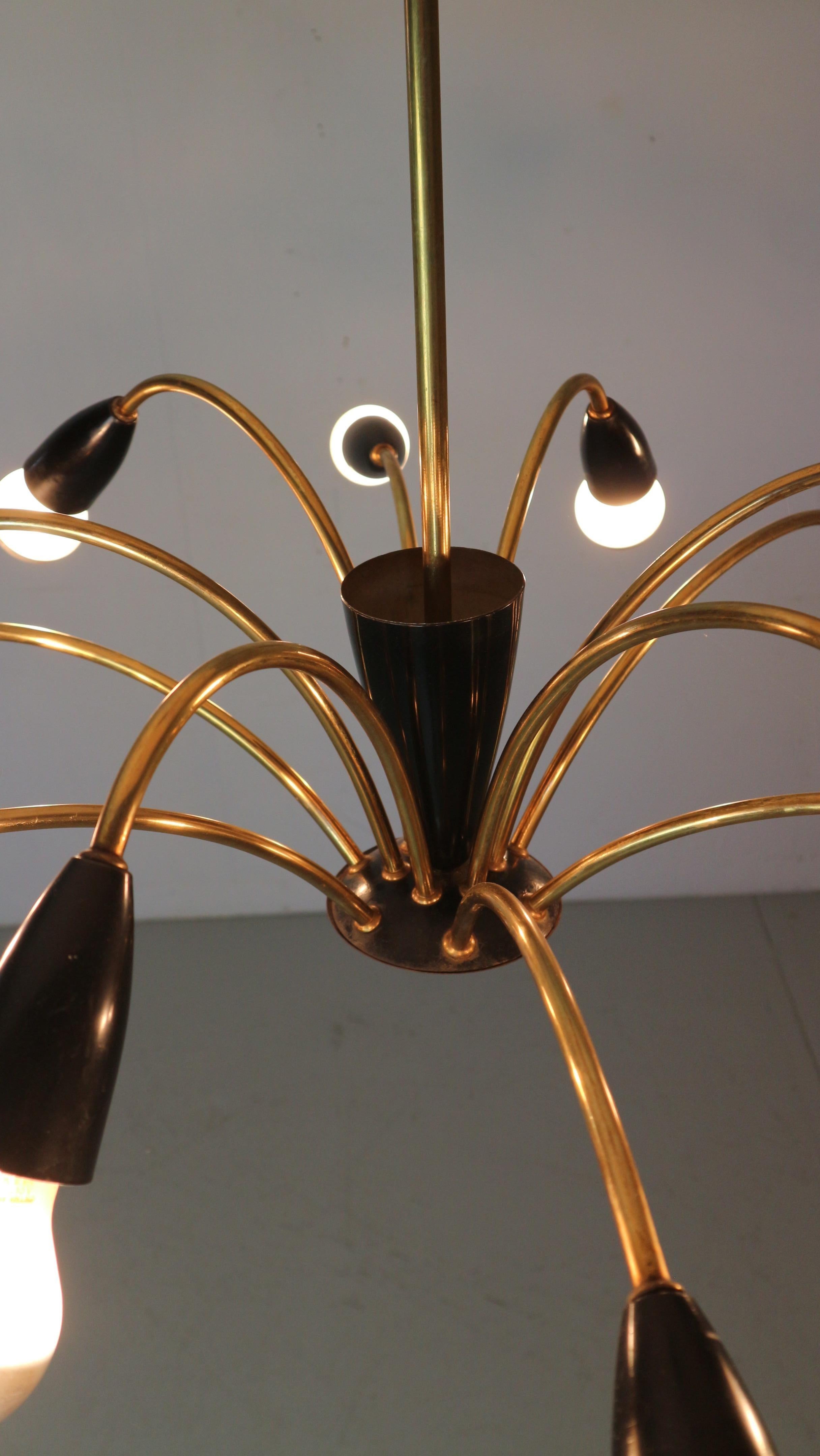 Italian Black and brass 12 arm Spider Chandelier  1950s For Sale 2