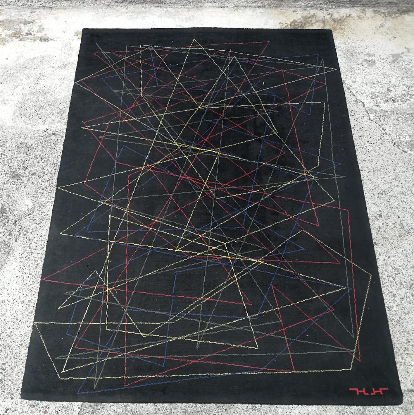 Mid-Century Modern Italian Black and Colored Geometric Carpet from 1980s For Sale