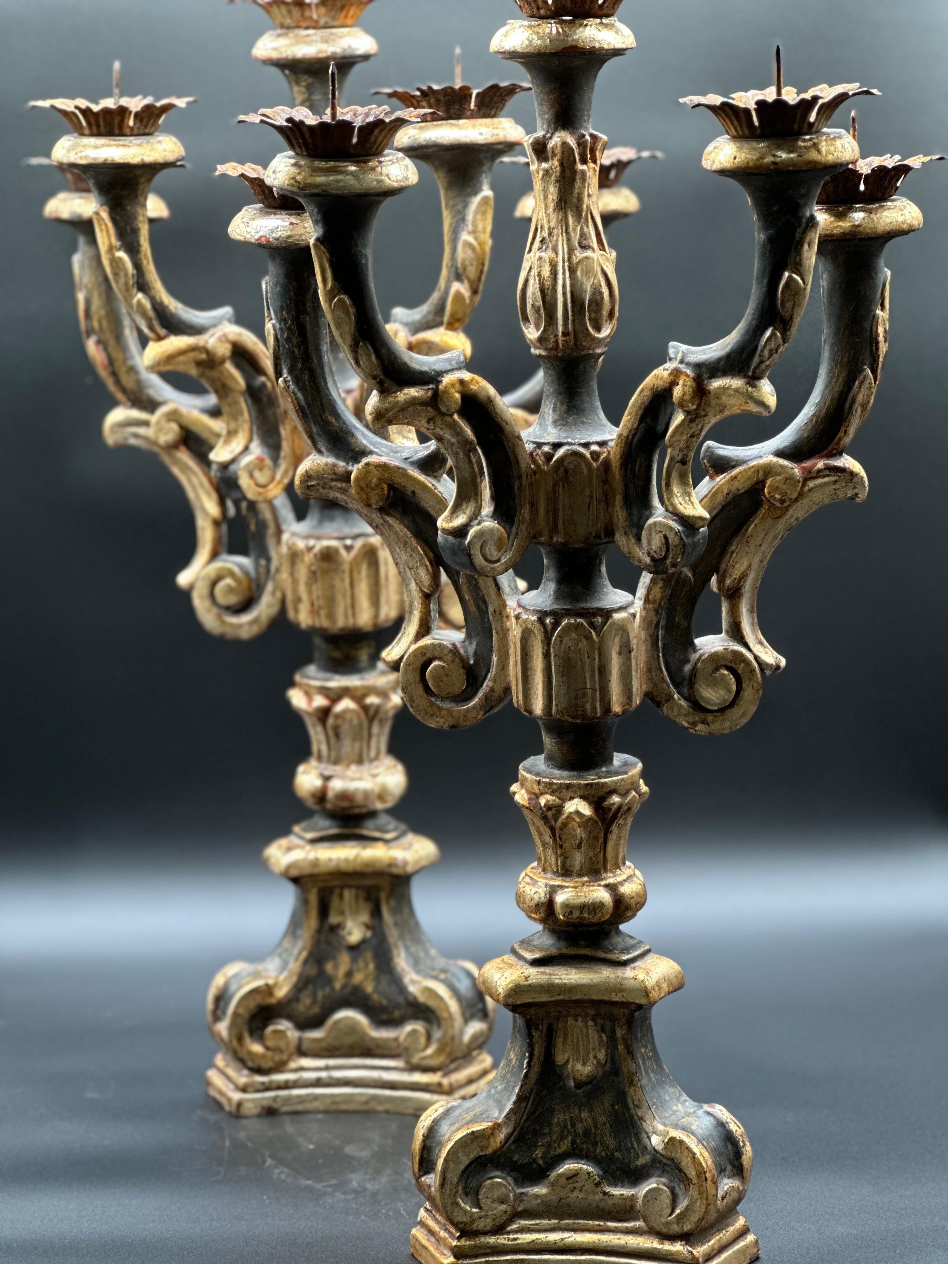 Baroque Italian Black and Gold Candelabras c1800 PAIR  For Sale