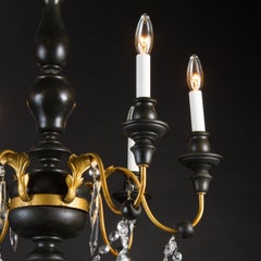 Italian Black and Gold Crystal and Wood Chandelier with Iron and Tole elements