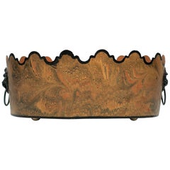 Retro Italian Black and Gold Tole Planter Jardinière with Lion Head Detail
