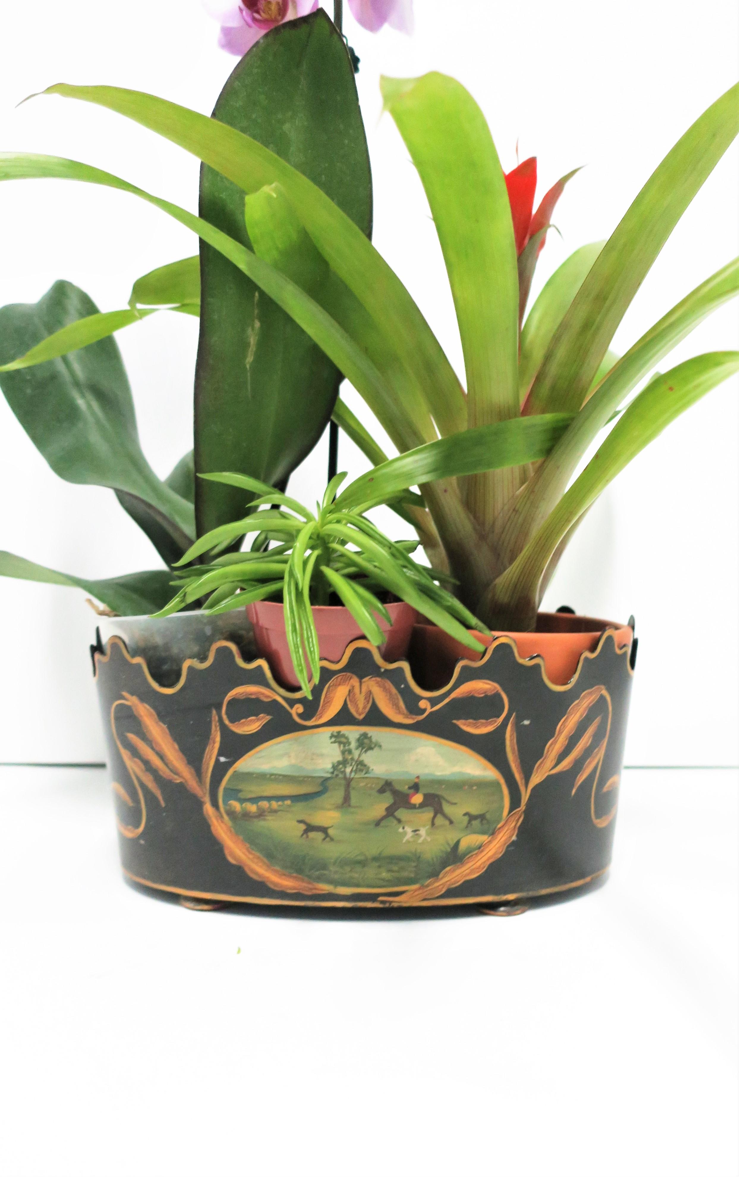 Italian Black and Gold Tole Planter Jardinière Cachepot with Horse & Dog Scene 3