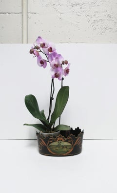 Italian Black and Gold Tole Planter Jardinière Cachepot with Horse & Dog Scene