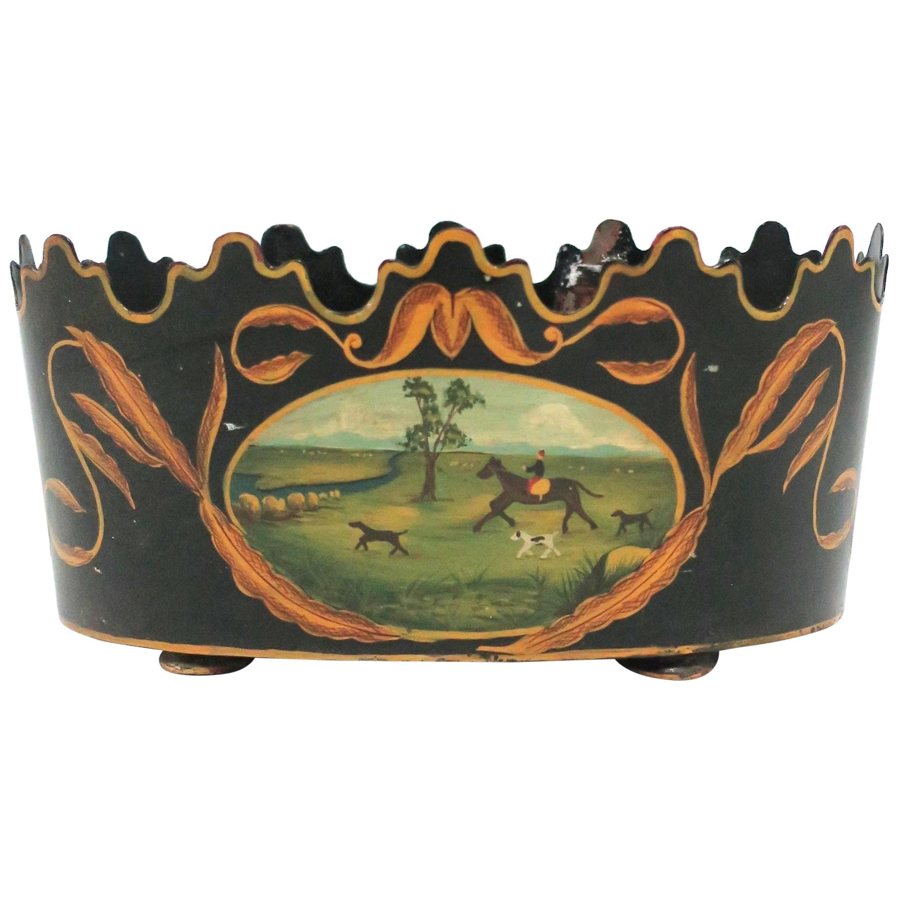 Italian Black and Gold Tole Planter Jardinière Cachepot with Horse & Dog Scene