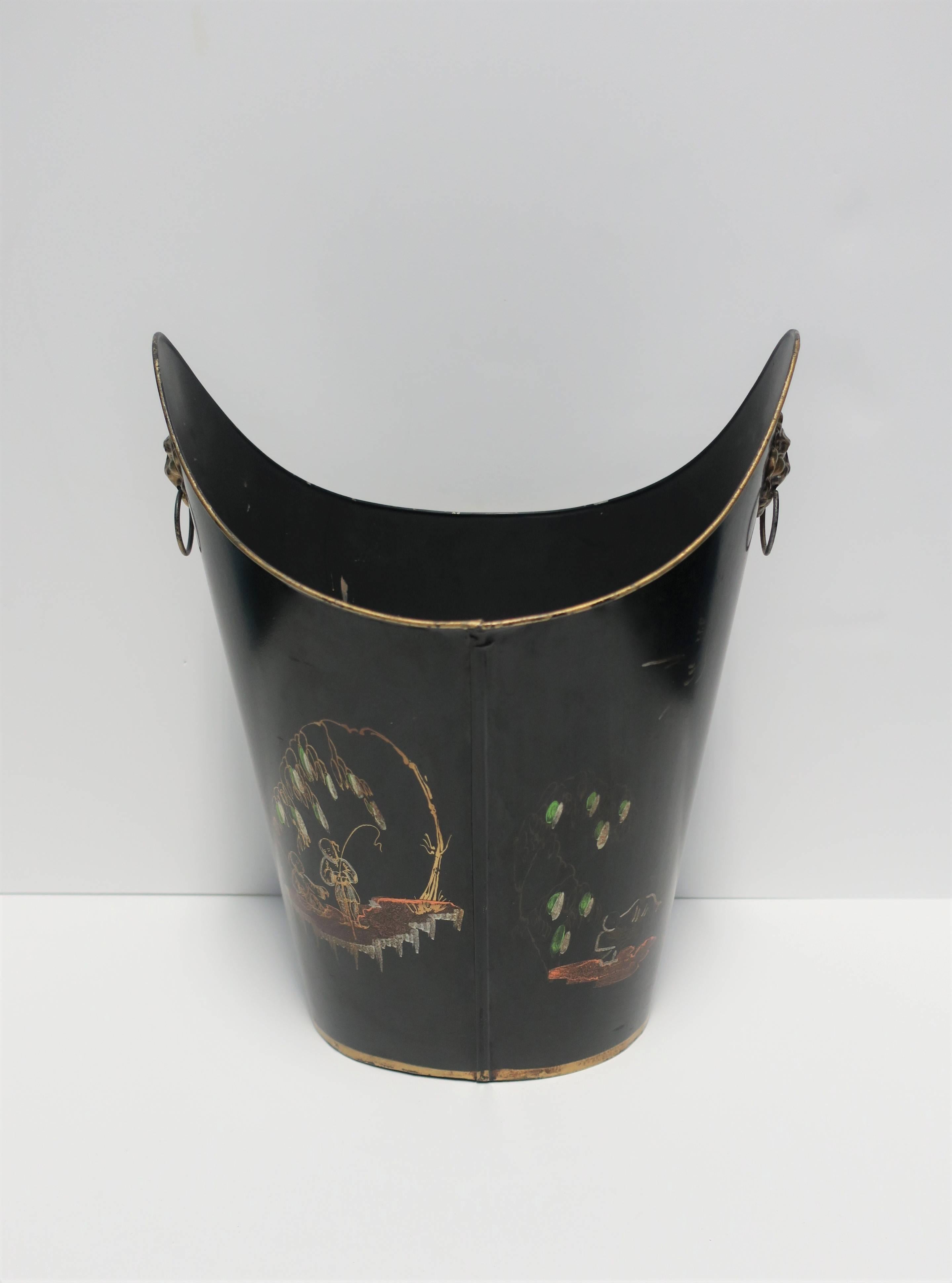 Hand-Painted Italian Black and Gold Wastebasket or Trash Can