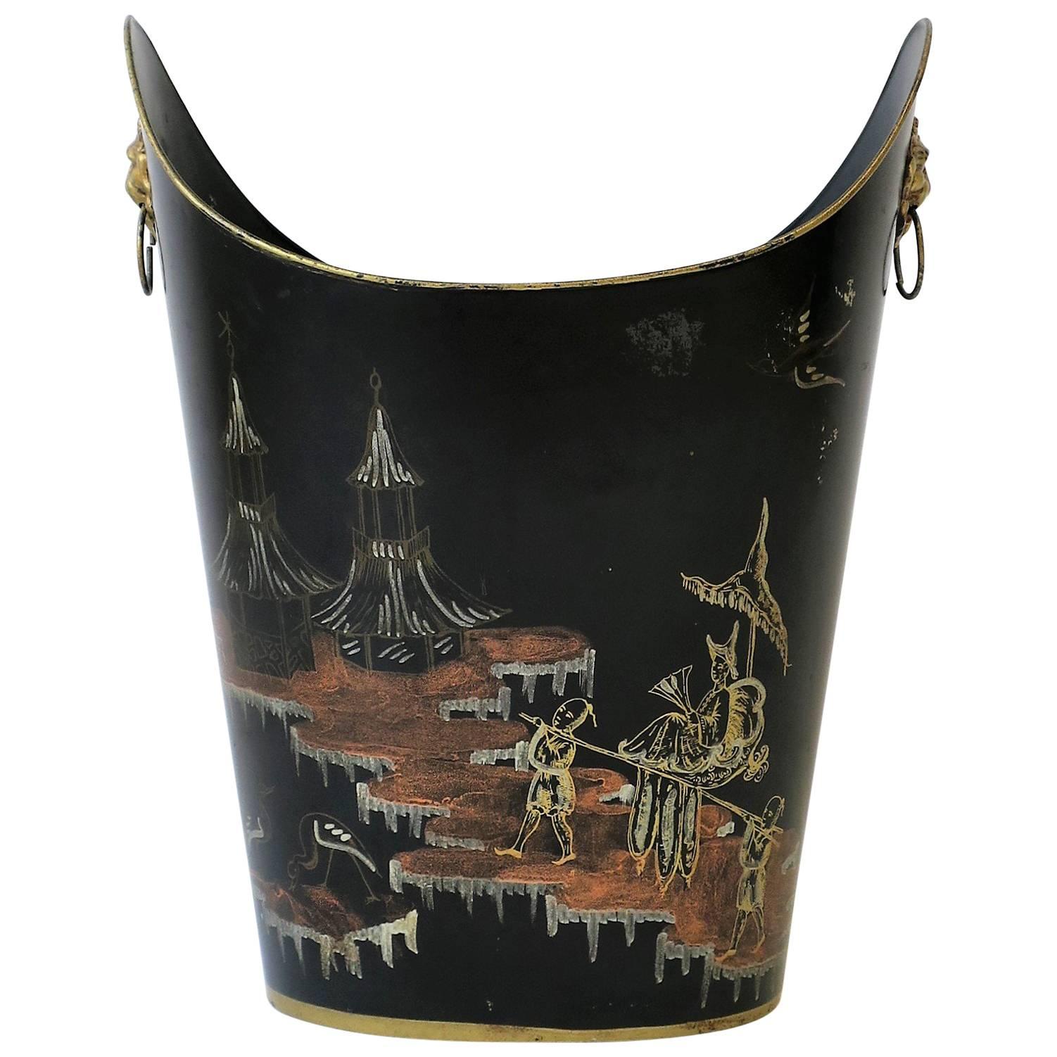 Italian Black and Gold Wastebasket or Trash Can