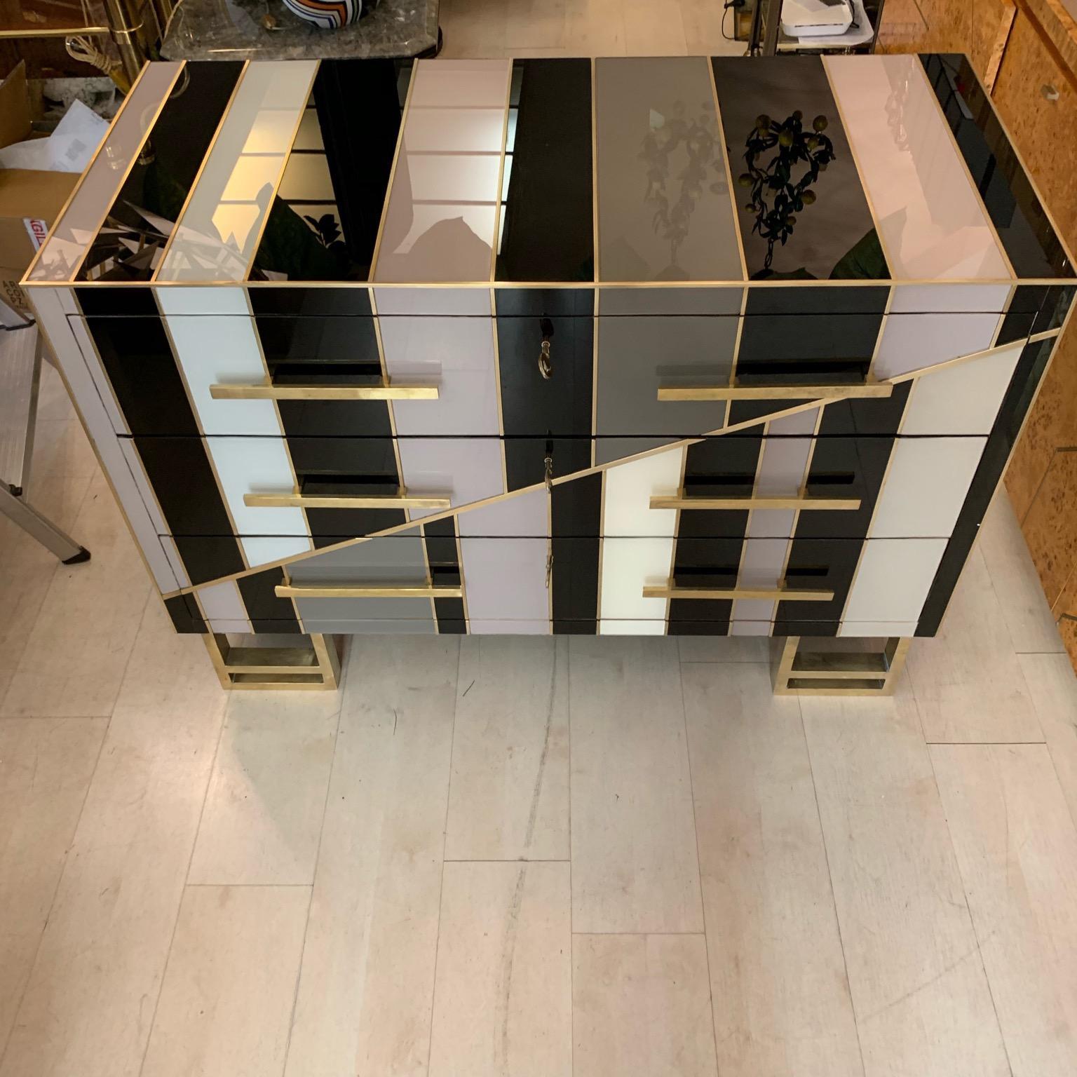 Modern Italian Black and Ivory Striped Opaline Glass Chest of Drawers, 1980s