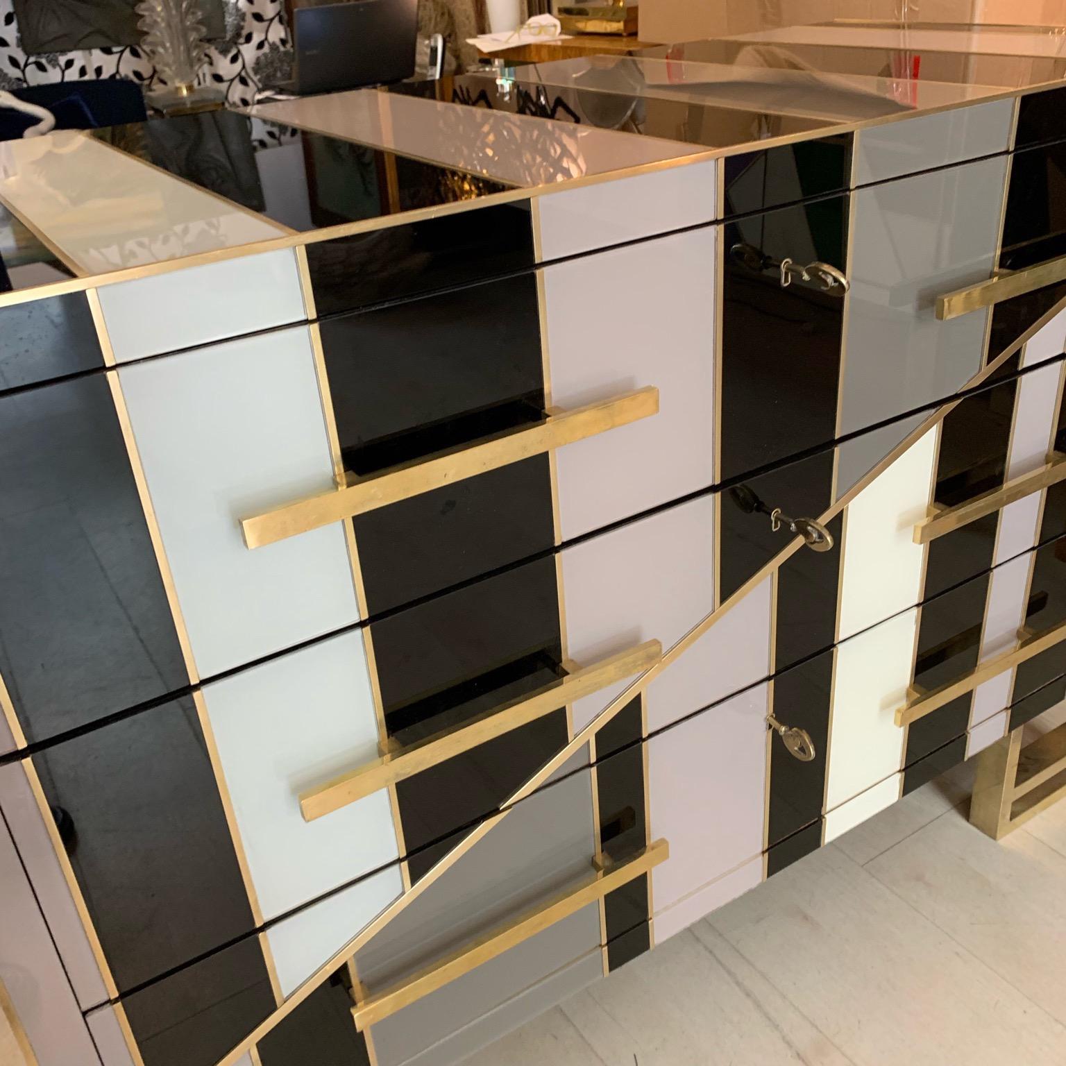20th Century Italian Black and Ivory Striped Opaline Glass Chest of Drawers, 1980s