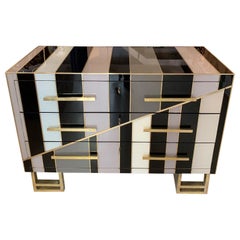 Italian Black and Ivory Striped Opaline Glass Chest of Drawers, 1980s