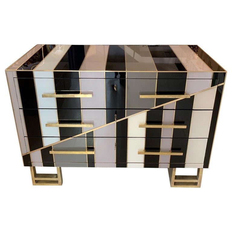 Italian Black And Ivory Striped Opaline Glass Chest Of Drawers