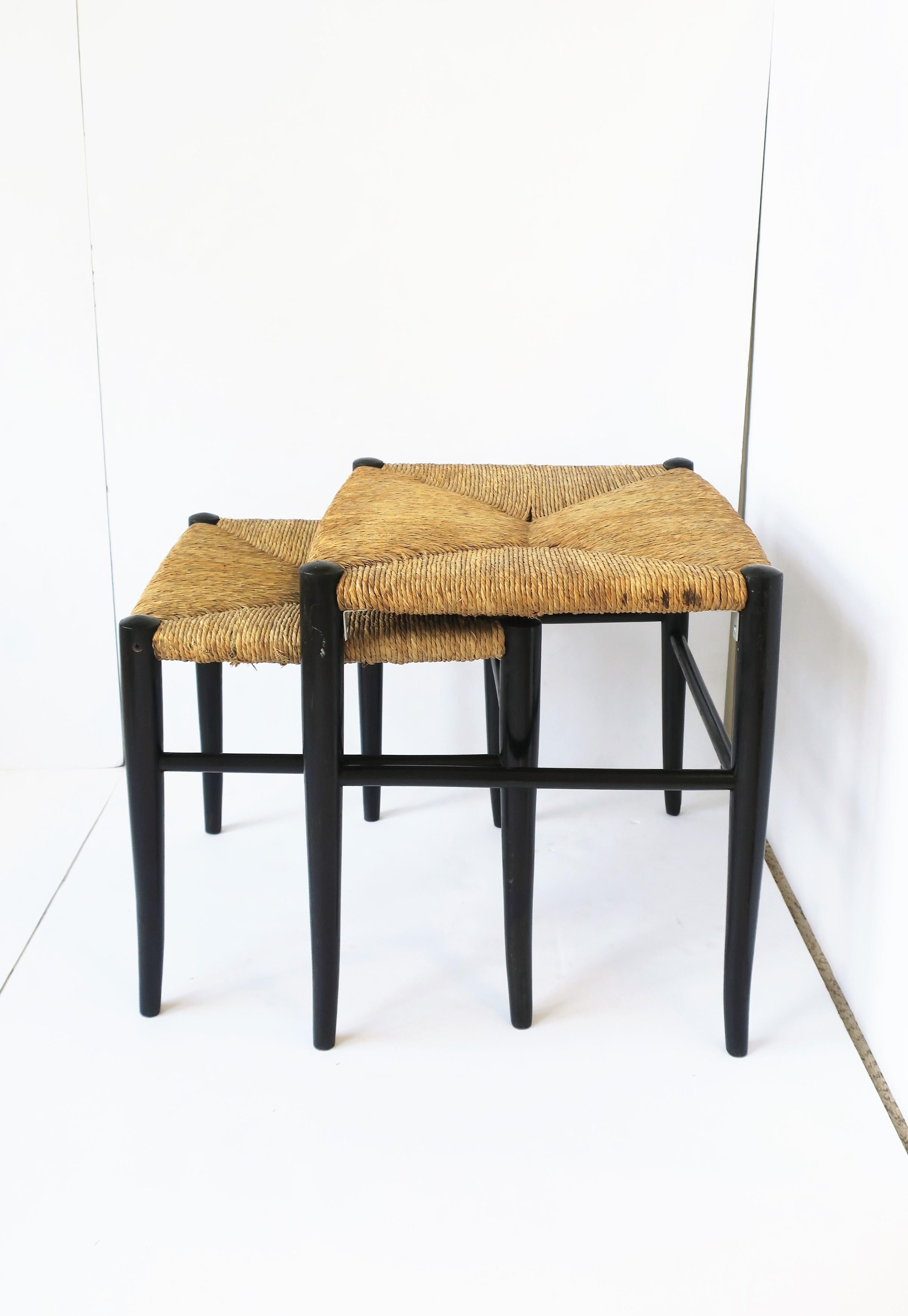 Italian Black and Rush Seat Nesting Stools after Gio Ponti  For Sale 2