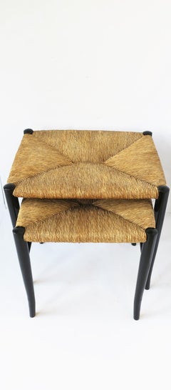 Italian Black and Rush Seat Nesting Stools after Gio Ponti