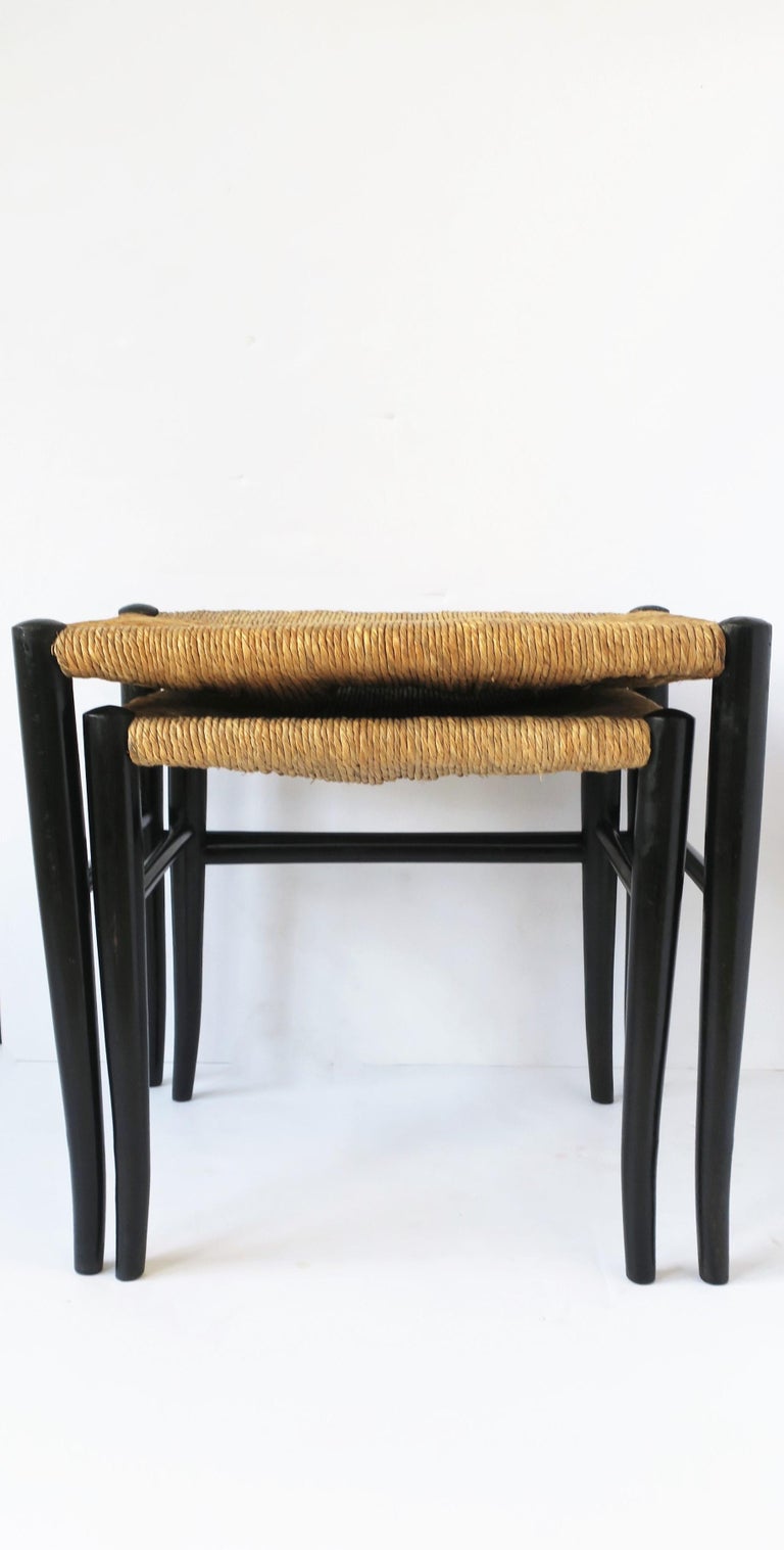 Italian Black and Rush Seat Nesting Stools, Set/Pair after Gio Ponti