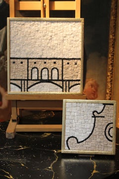 Mosaico italiano de mármol de Carrara blanco y negro con monumentos florentinos