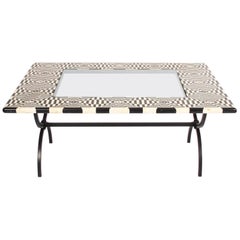 Vintage Italian Black and White Marble-Top Coffee Table with Iron Legs