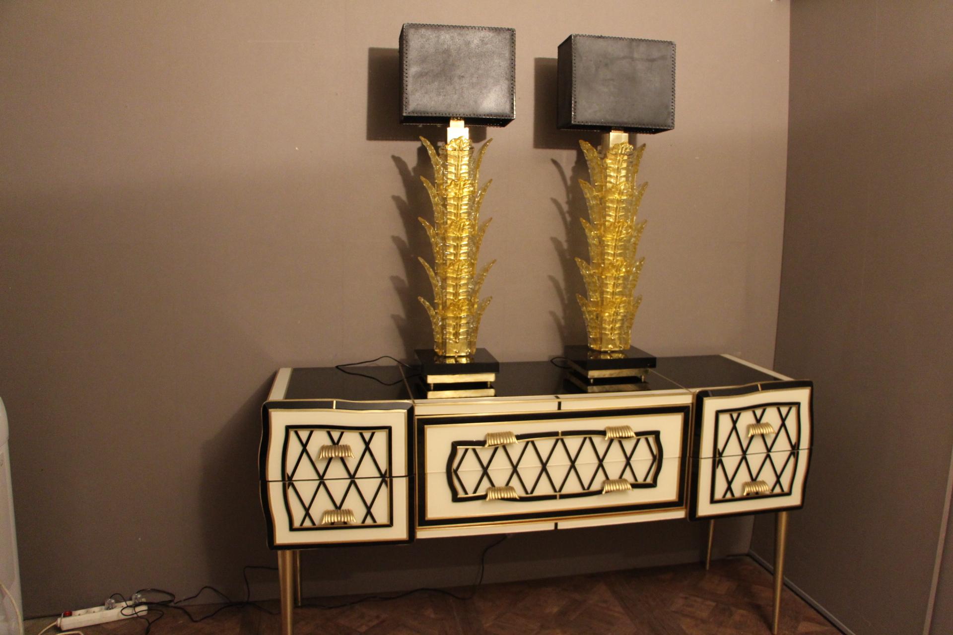 Murano Black and White Tinted Glass Commode or Sideboard with Brass Hardware For Sale 6