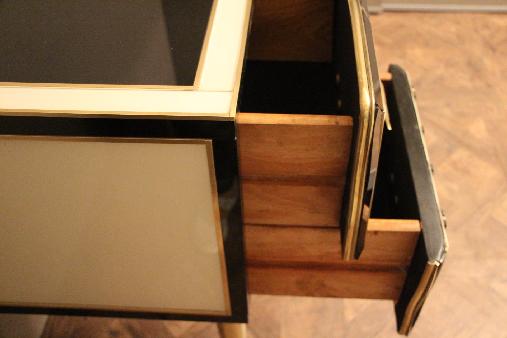 Italian Murano Black and White Tinted Glass Commode or Sideboard with Brass Hardware For Sale