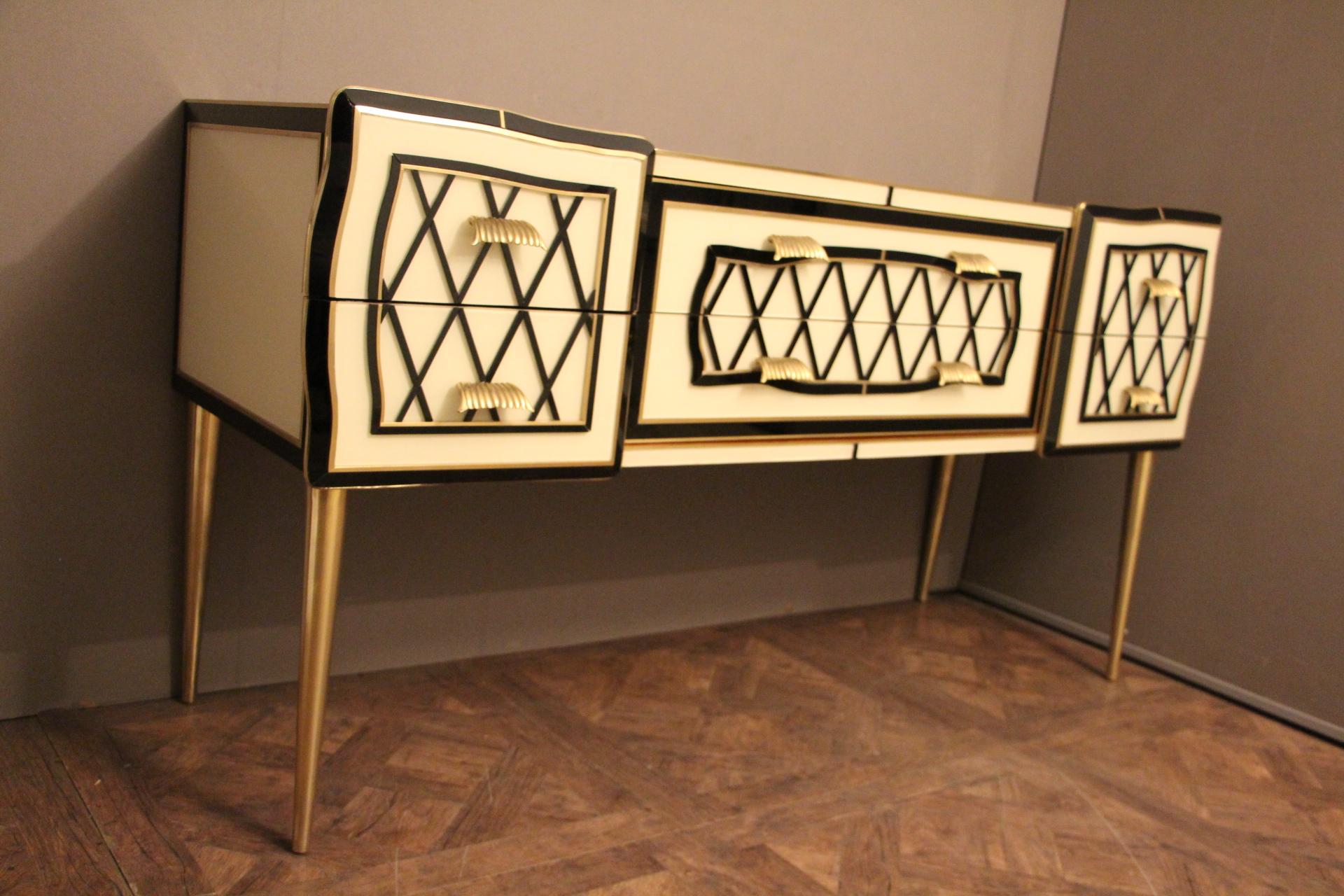 Mid-20th Century Murano Black and White Tinted Glass Commode or Sideboard with Brass Hardware For Sale
