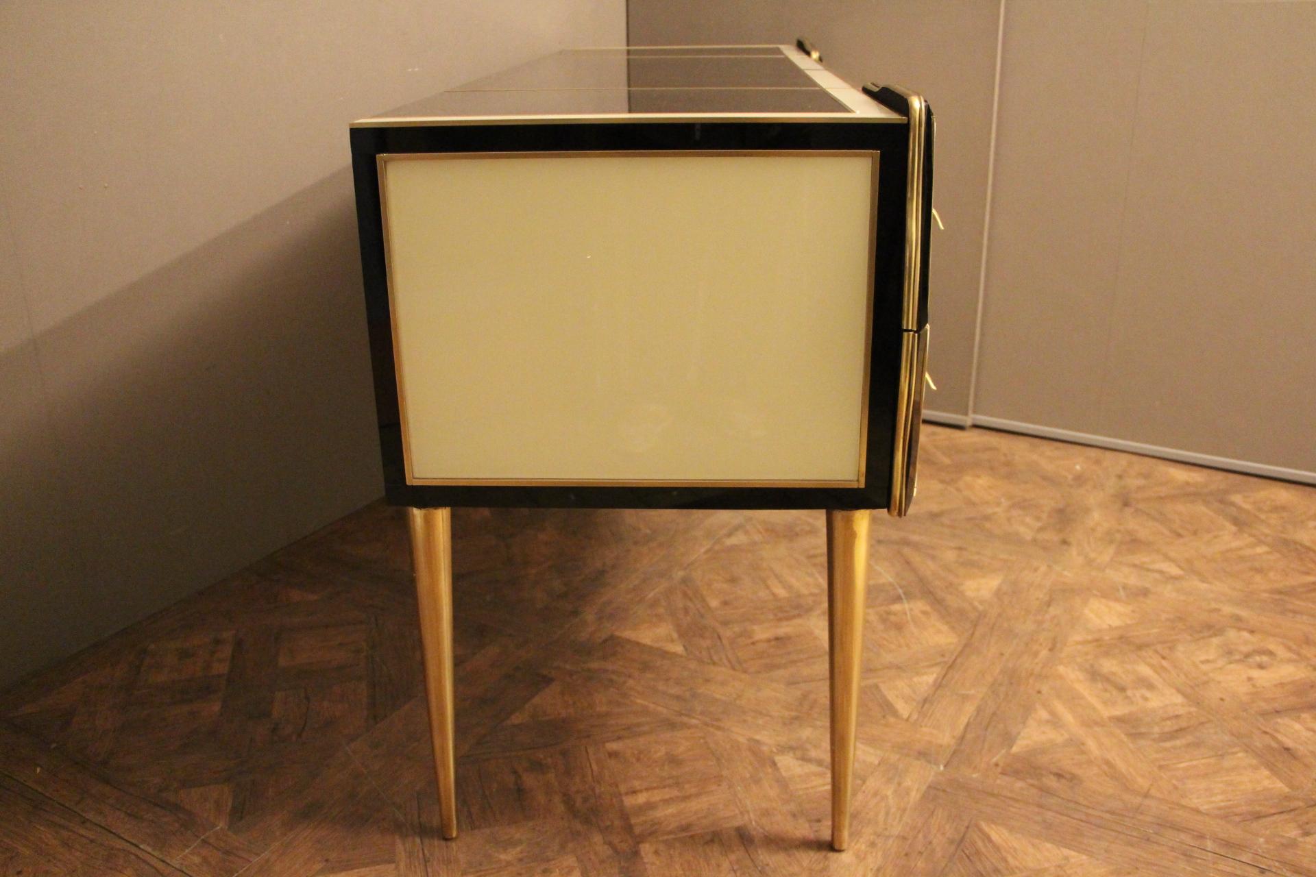 Murano Black and White Tinted Glass Commode or Sideboard with Brass Hardware For Sale 1