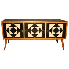 Italian Black and White Sideboard or Credenza in Murano Glass and Brass Inlay