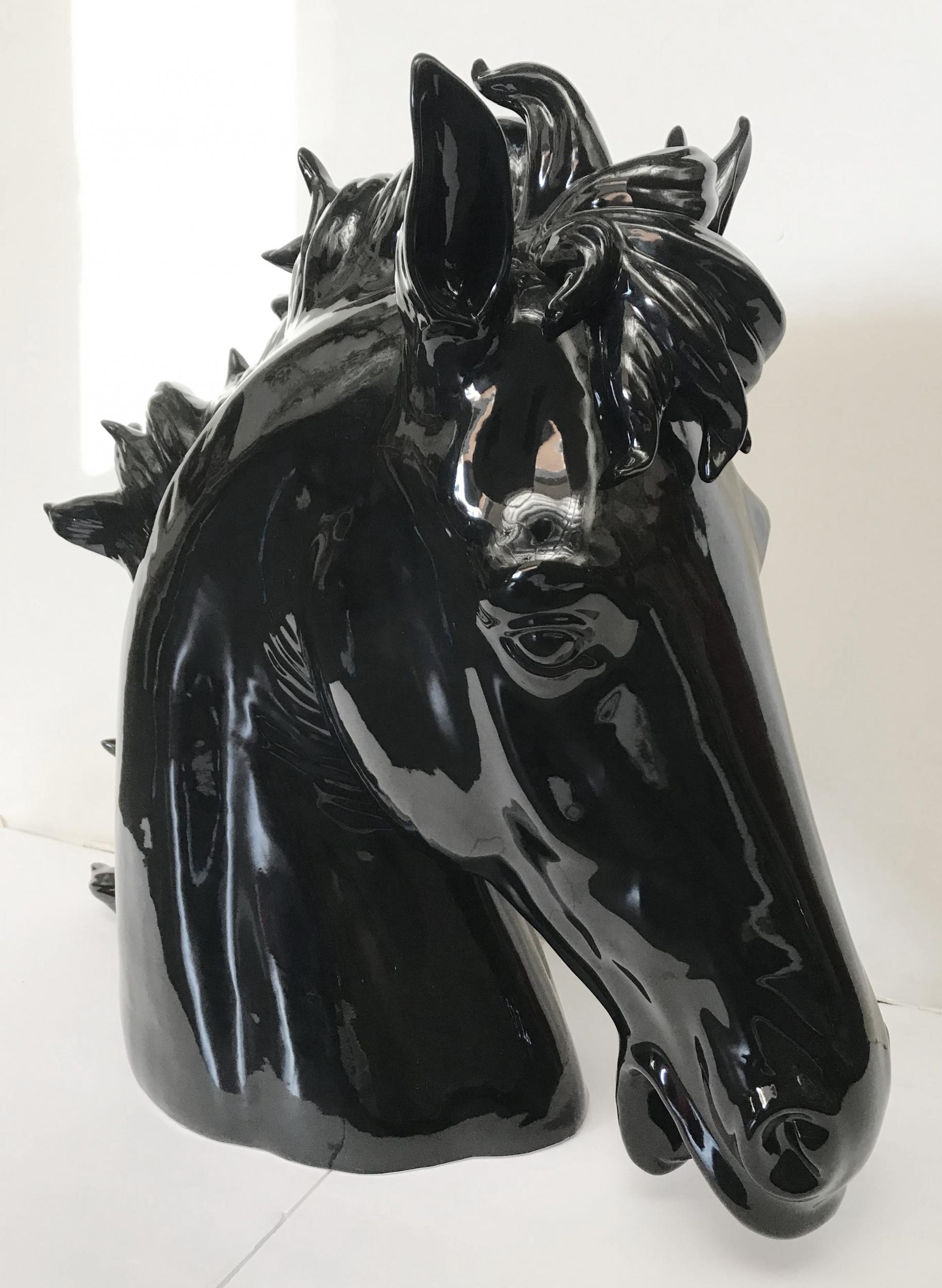 Late 20th Century Italian Black Ceramic Horse Head, 1990s For Sale