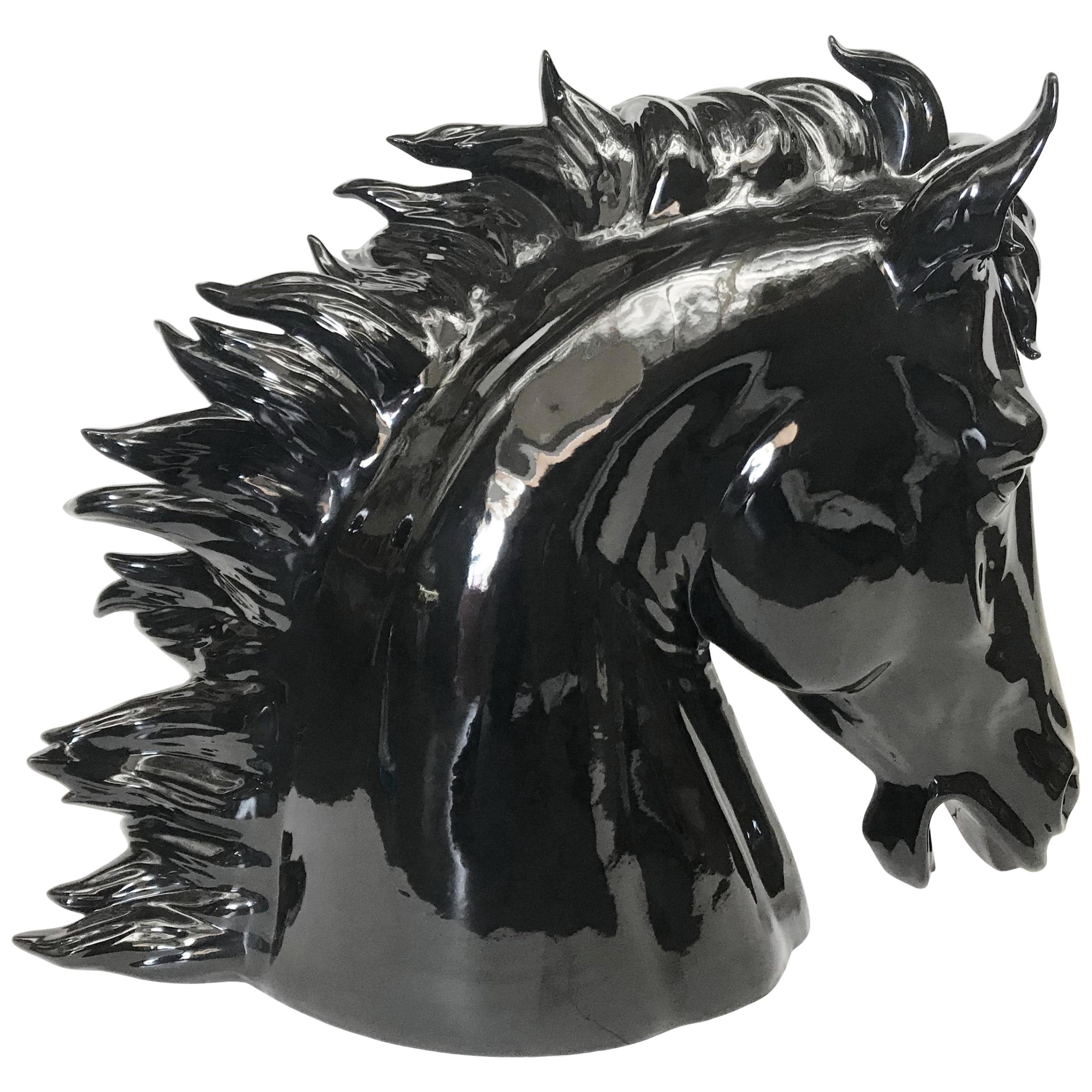 Tête de cheval en céramique noire italienne, années 1990