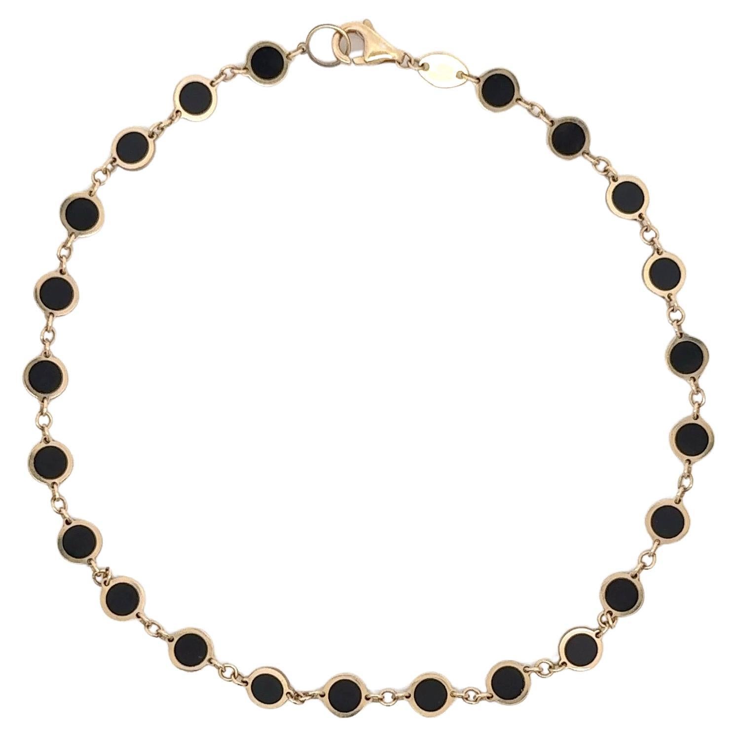 Italian Black Enamel Disc Link Anklet Bracelet 14 Karat Yellow Gold 3.1 Grams en vente