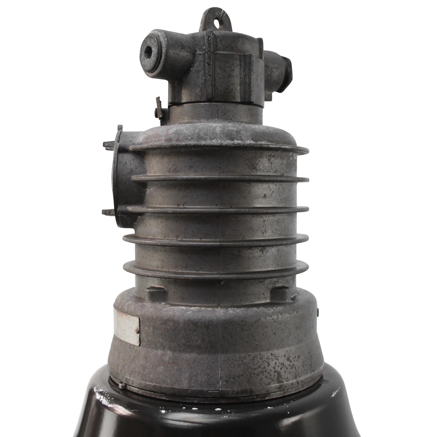 Industrial hanging lamp. 
Black enamel shade with gray cast aluminum top.

Weight: 6.80 kg / 15 lb

Priced per individual item. All lamps have been made suitable by international standards for incandescent light bulbs, energy-efficient and LED