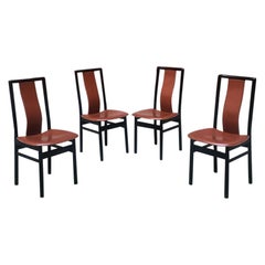 Used Italian Black Enameled Wood and Leather Chairs, 1980s