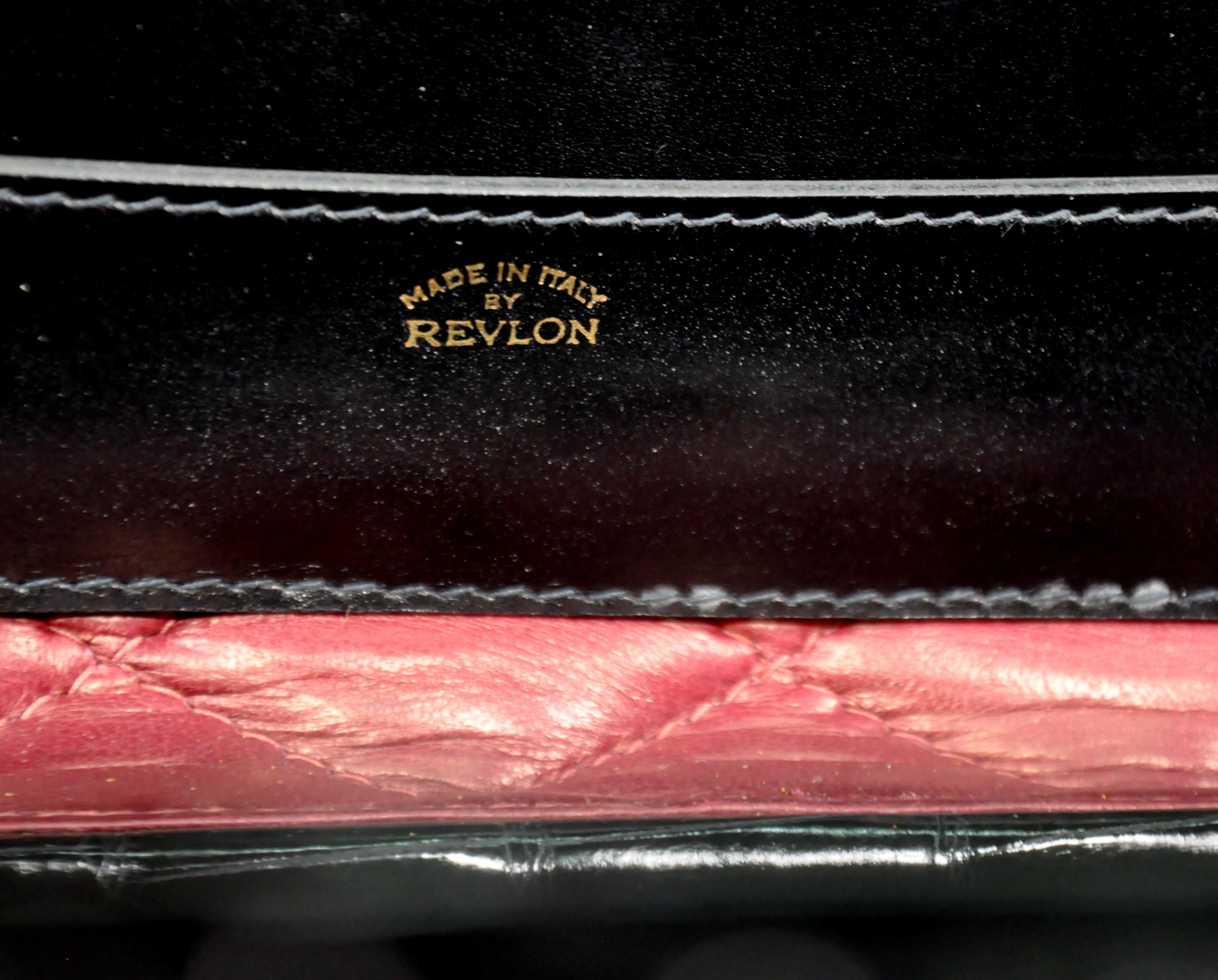 Italian Genuine Black Crocodile Train Beauty & Jewelry Case by Revlon, 1960s For Sale 13