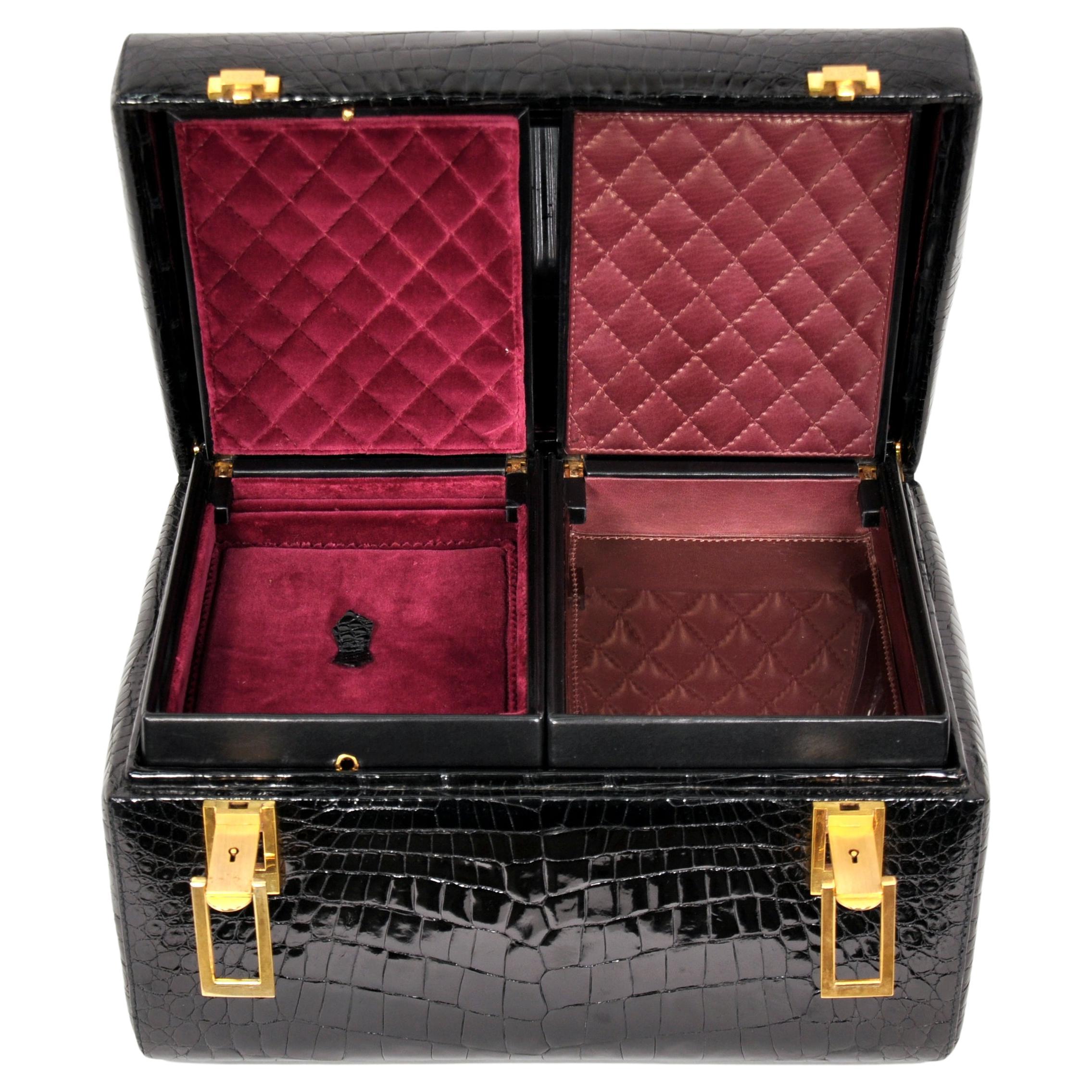 Art Deco Italian Genuine Black Crocodile Train Beauty & Jewelry Case by Revlon, 1960s For Sale