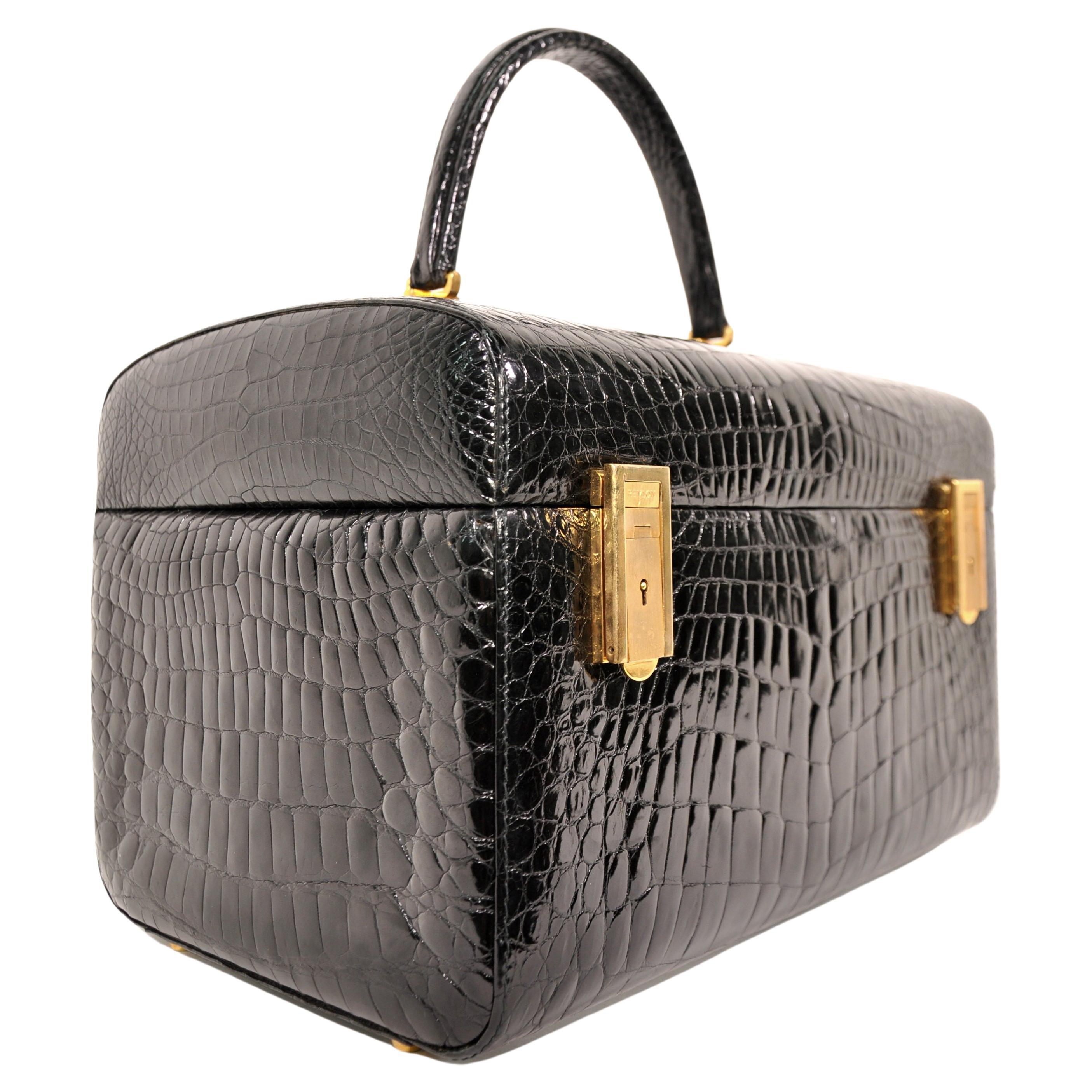 Hand-Crafted Italian Genuine Black Crocodile Train Beauty & Jewelry Case by Revlon, 1960s For Sale