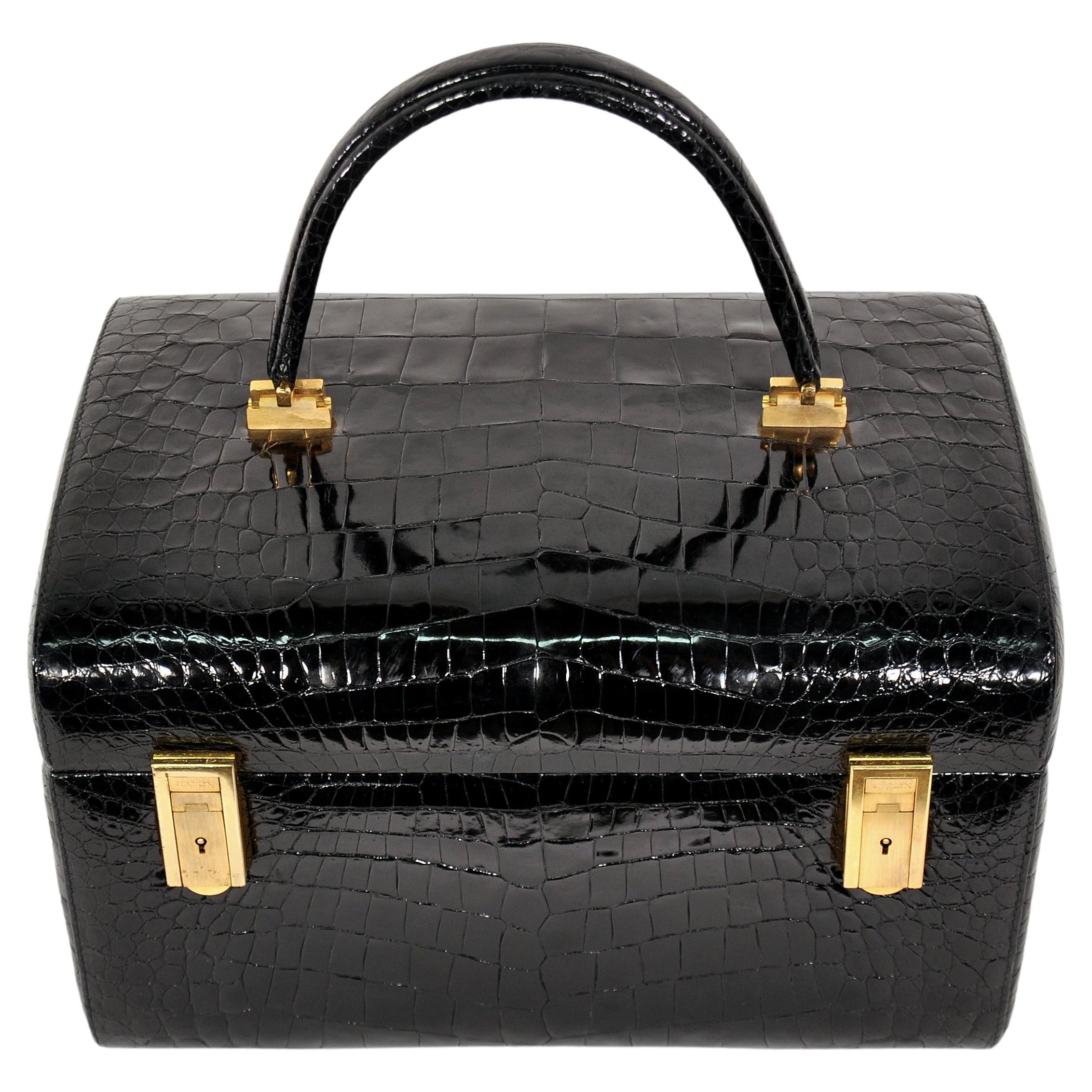 Brass Italian Genuine Black Crocodile Train Beauty & Jewelry Case by Revlon, 1960s For Sale