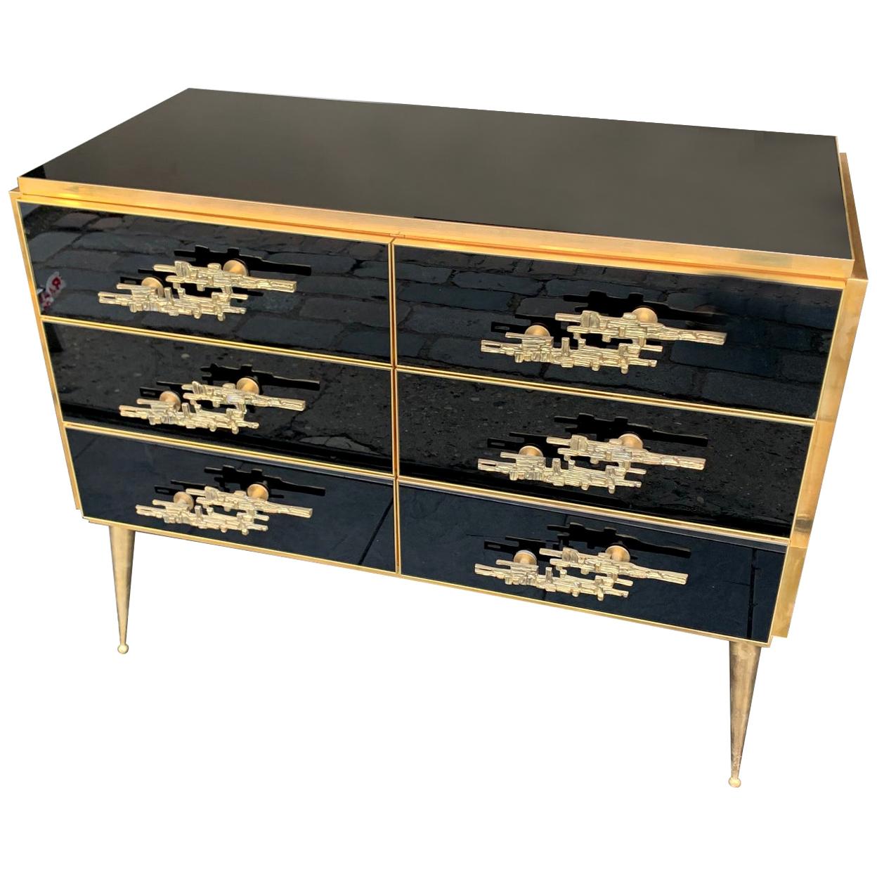 Italian Black Glass and Brass Chest of Drawers with Brutalist Brass Handles