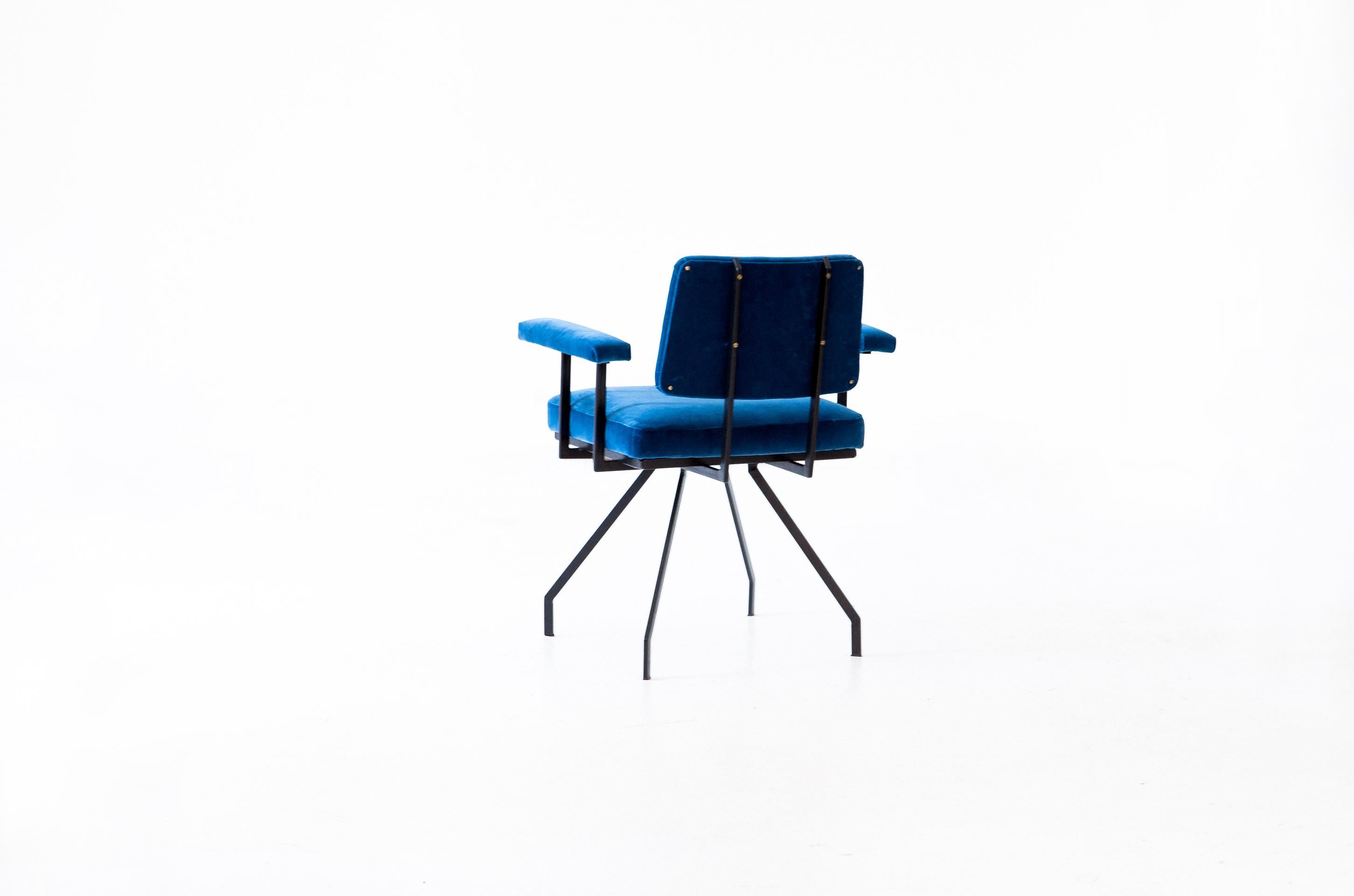 Brass Italian Black Iron and Blue Velvet Spider Armchair, 1950s