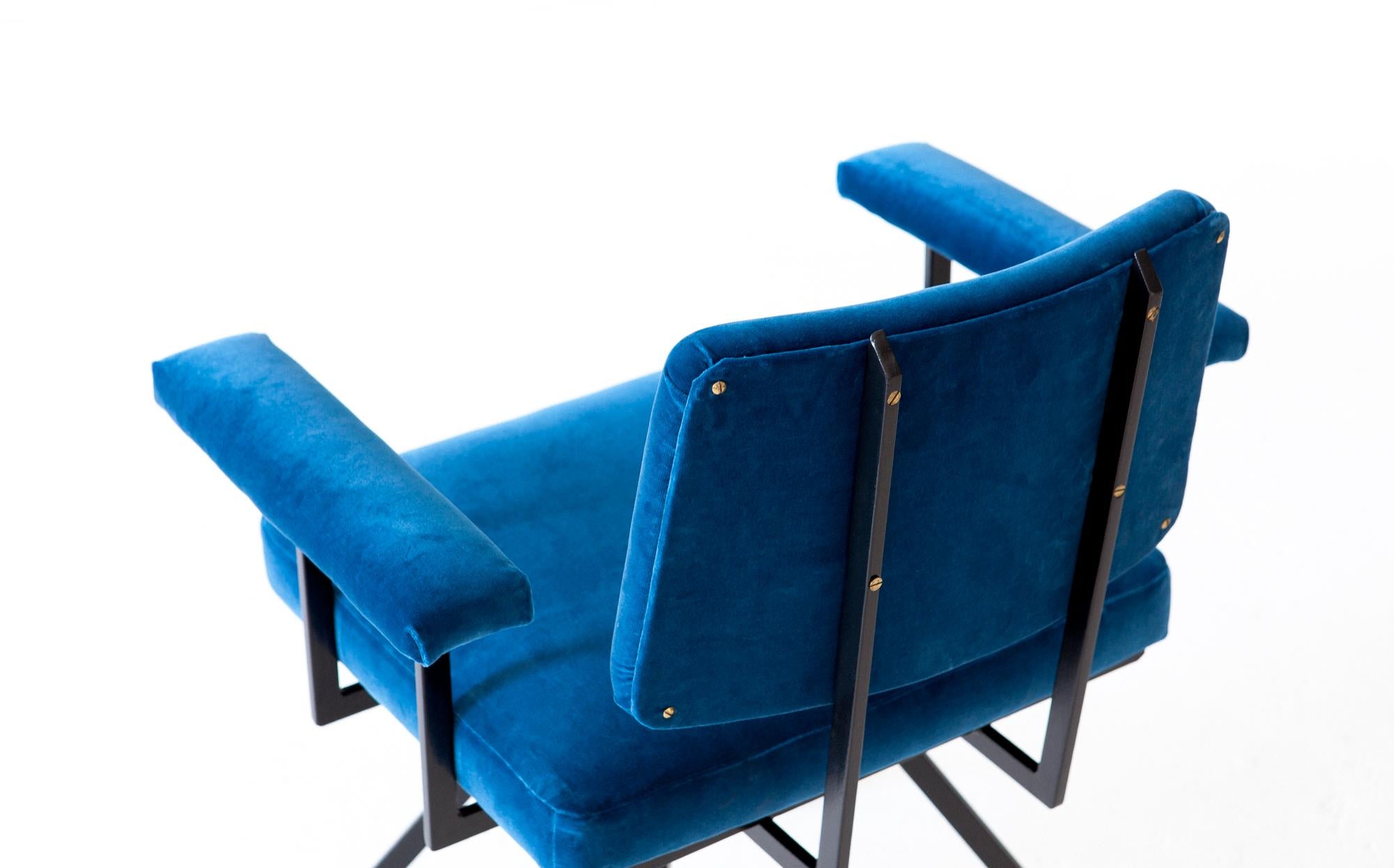 Italian Black Iron and Blue Velvet Spider Armchair, 1950s 1