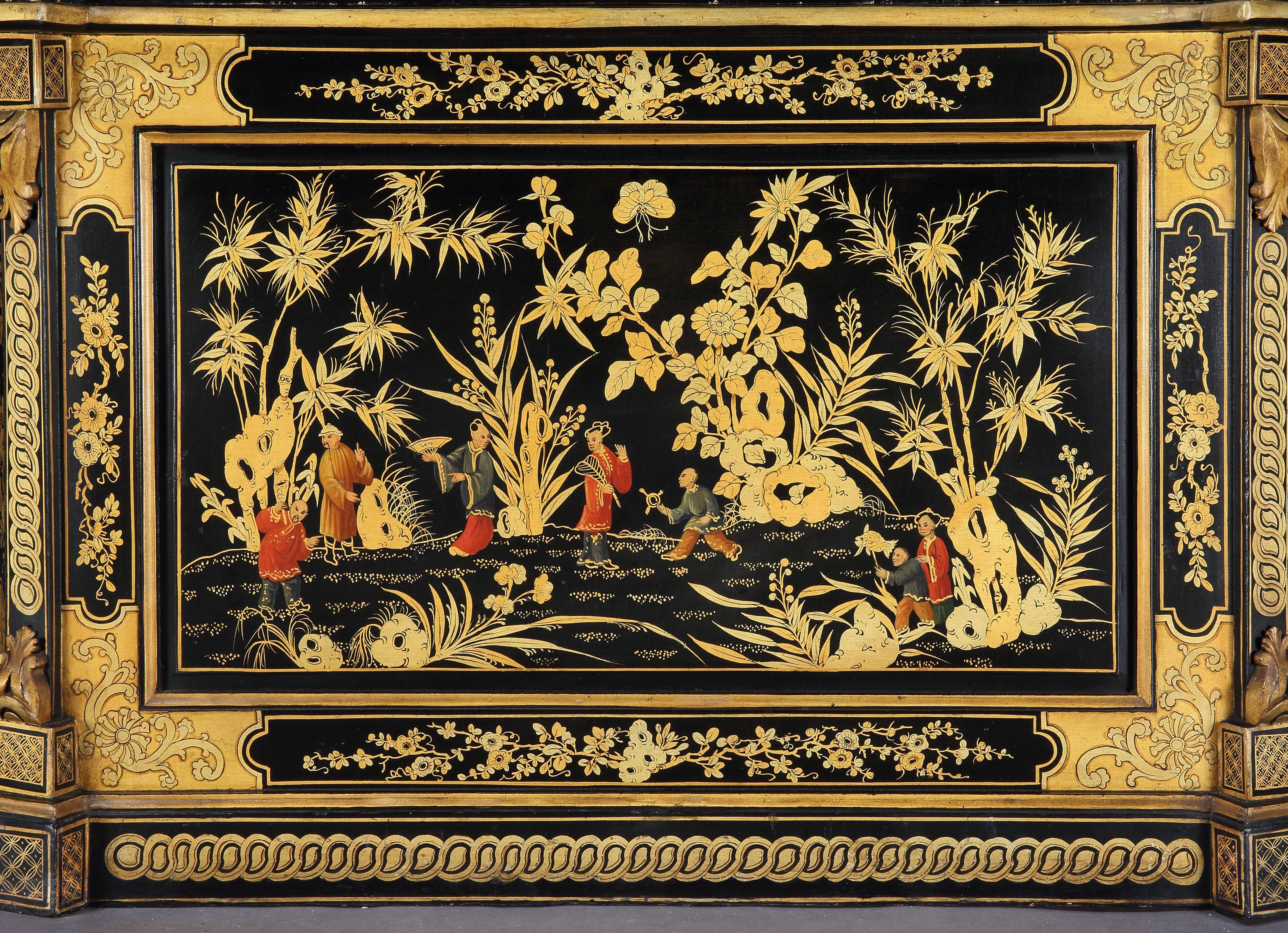 A chinoiserie vitrine.

Extensively decorated in the chinoiserie manner in giltwork and polychromes; rising from a plinth base, having canted sides, a central door to the lower section, revealing a shelved interior; the upper section glazed;