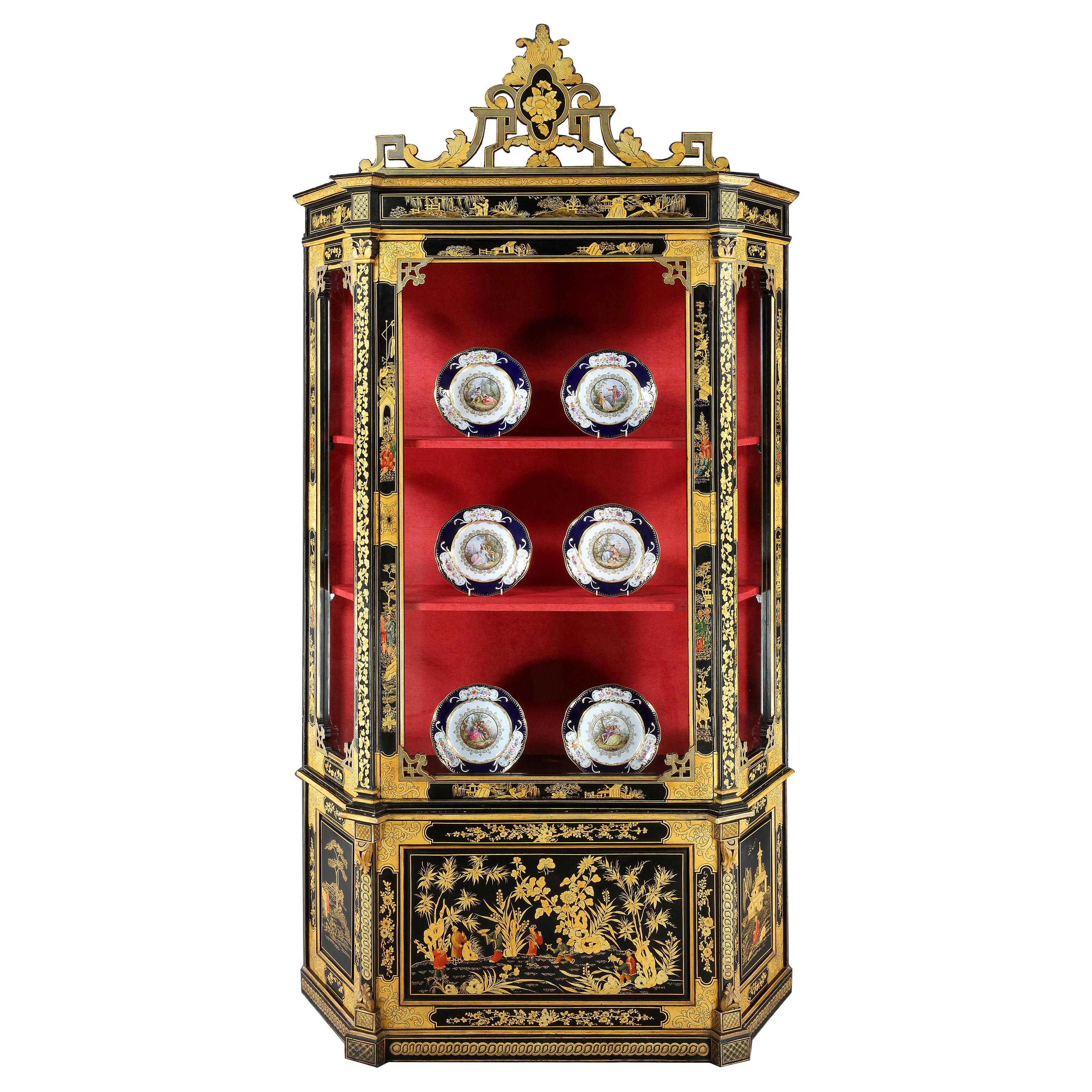 Black Lacquer and Gilt Chinoiserie Cabinet, 19th Century For Sale