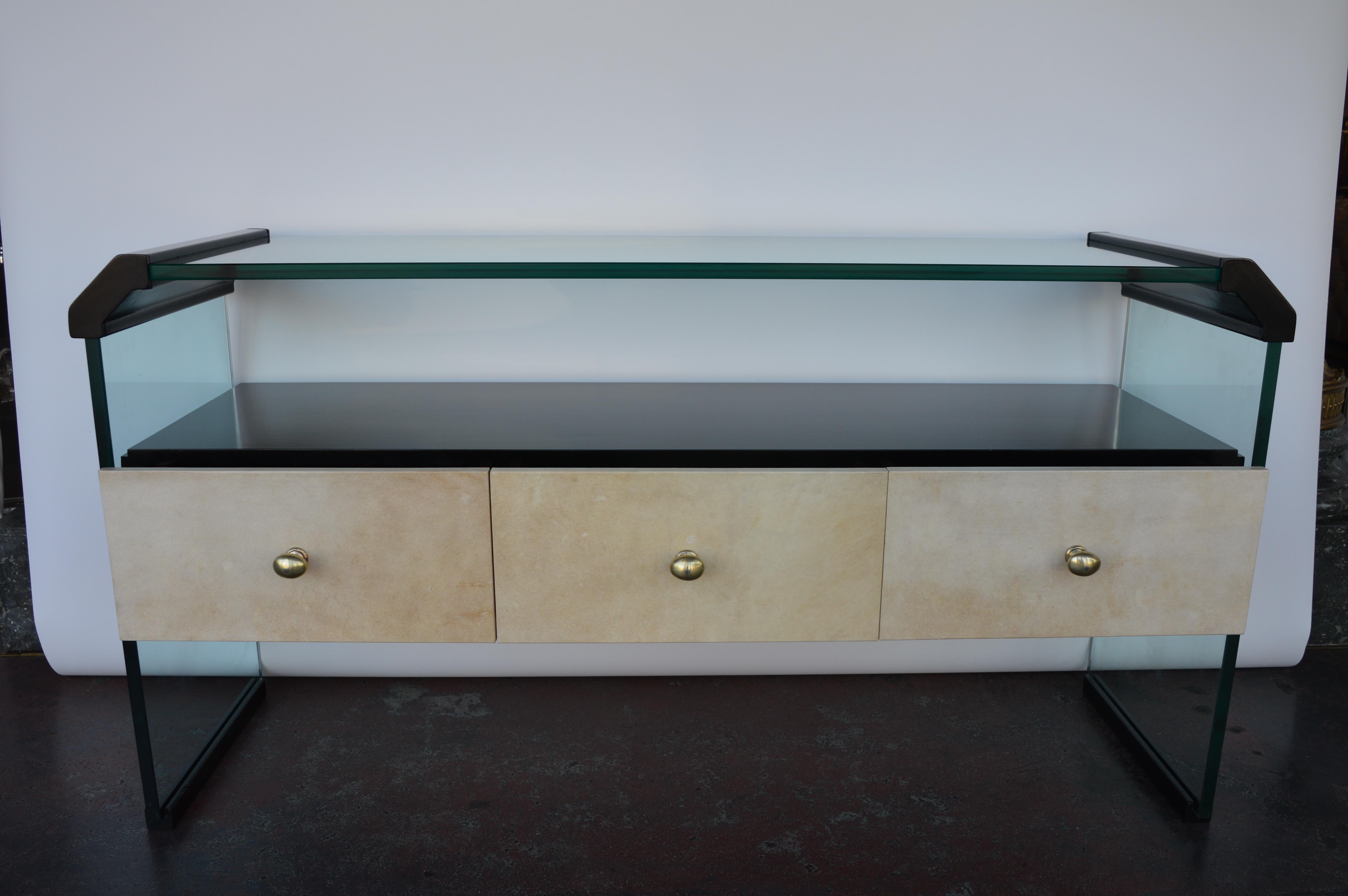 Italian Black Lacquer Console with Parchment drawers, brass handles and glass top and sides/legs. Italy, 1970's