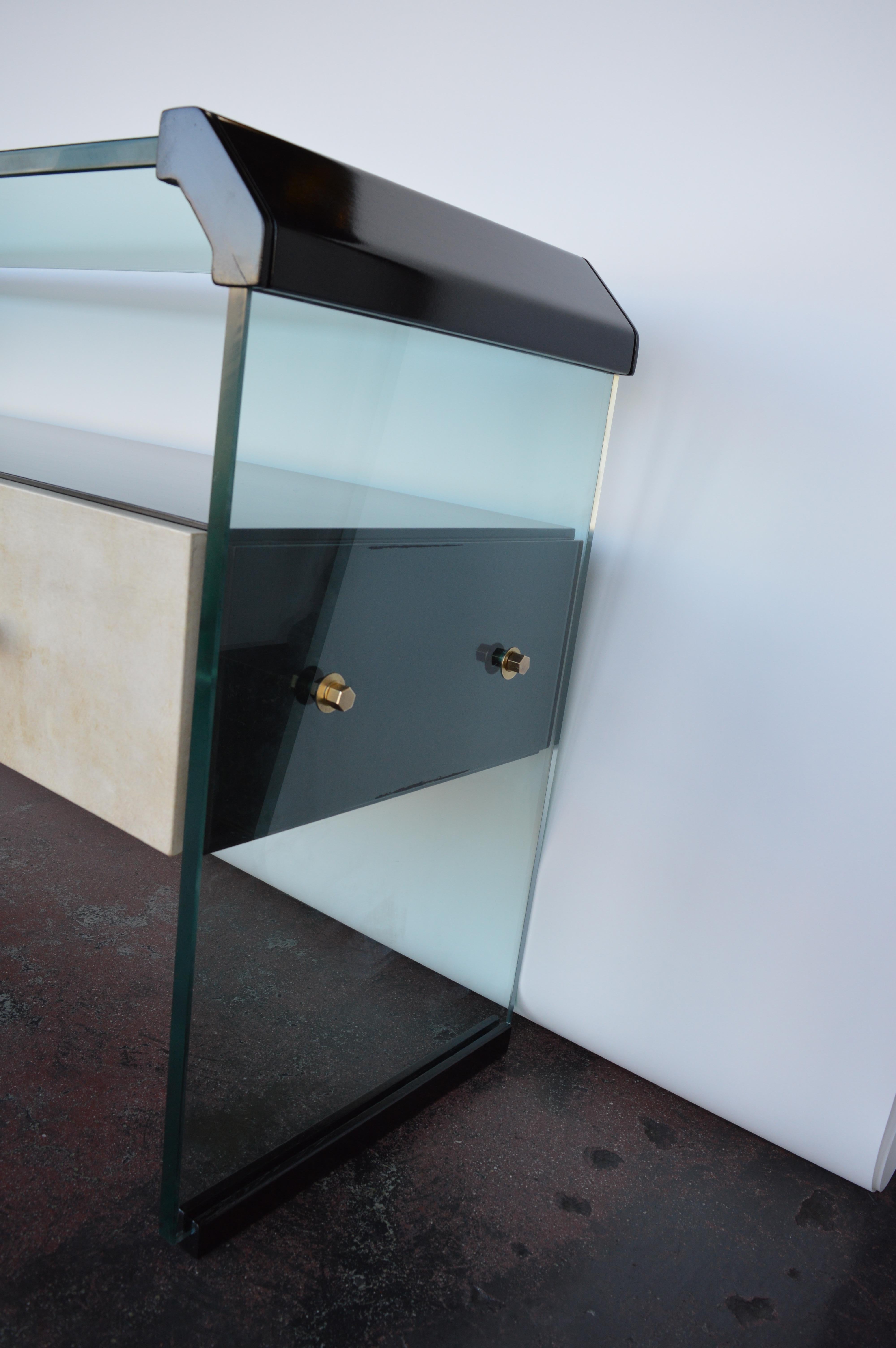Glass Italian Black Lacquer Console with Parchment For Sale