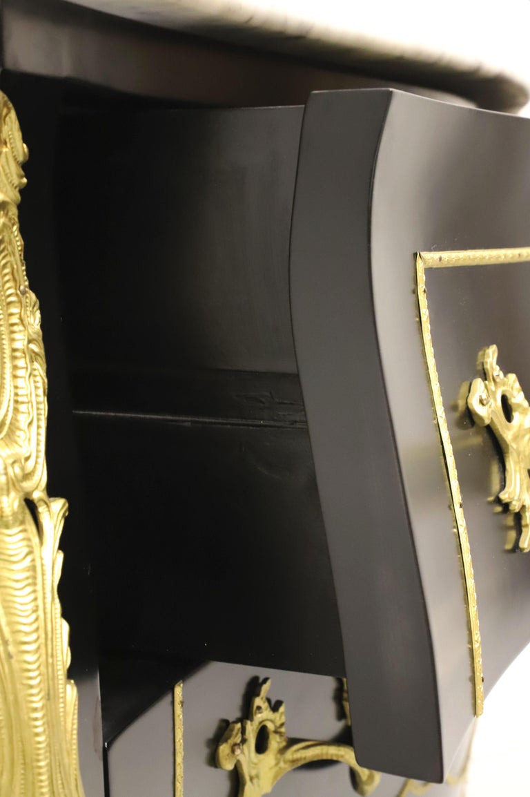 Italian Black Lacquer Ormolu Marble Top Bombe Chest For Sale at 1stDibs