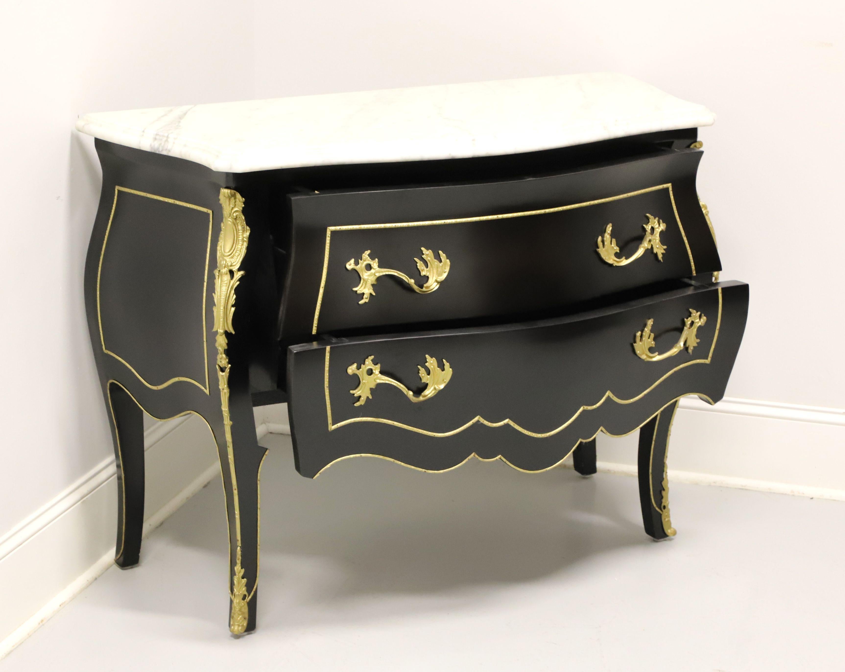 Italian Black Lacquer Ormolu Marble Top Bombe Chest In Good Condition In Charlotte, NC