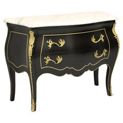 Italian Black Lacquer Ormolu Marble Top Bombe Chest