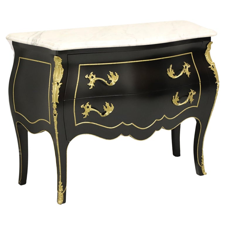 Italian Black Lacquer Ormolu Marble Top Bombe Chest For Sale at 1stDibs