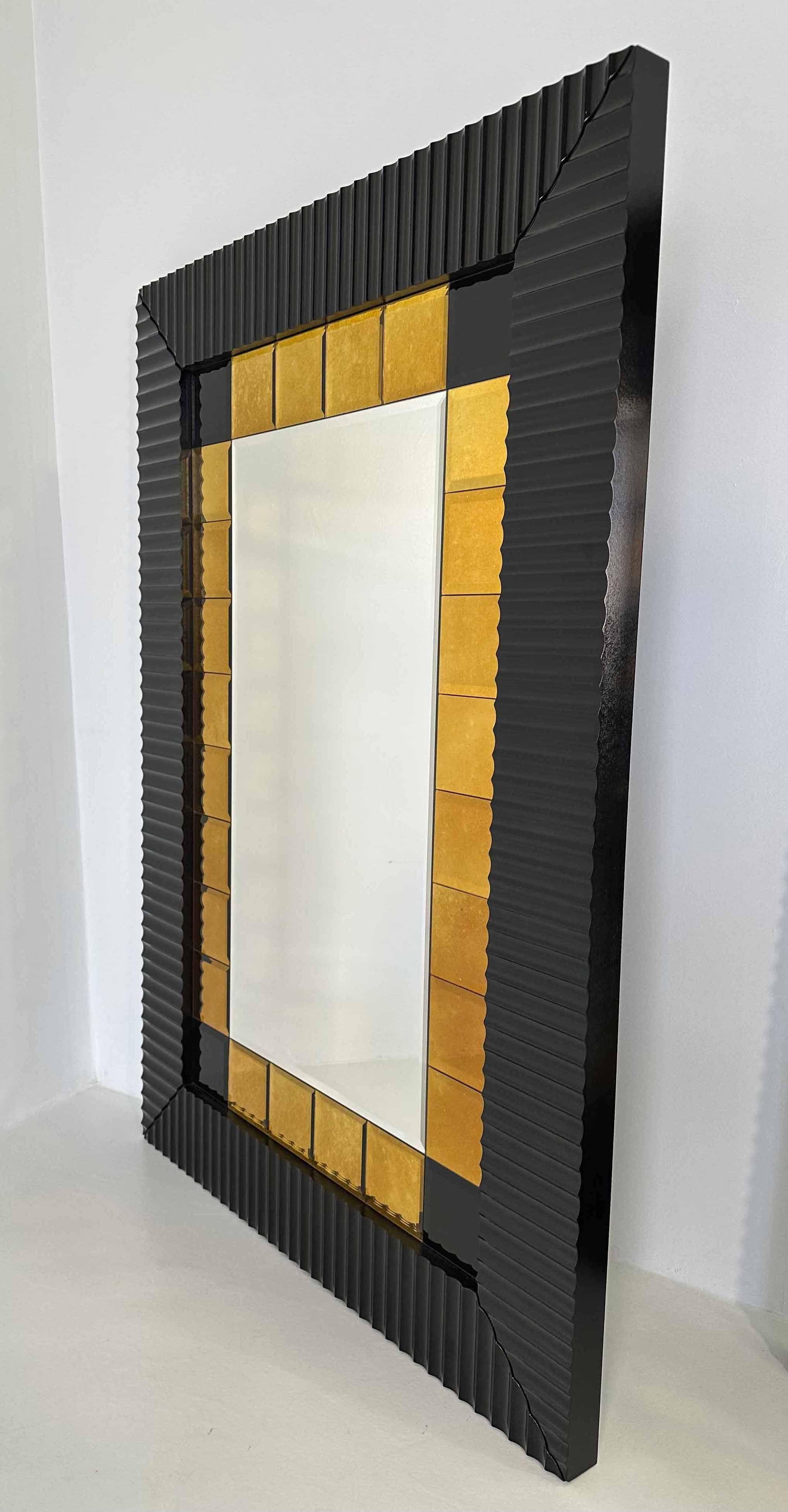Art Deco Italian Black Lacquered and Gold Wall Mirror, 1980s For Sale