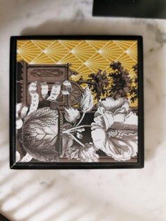Italian Black Lacquered and Printed Wooden Box and Little Square Tray